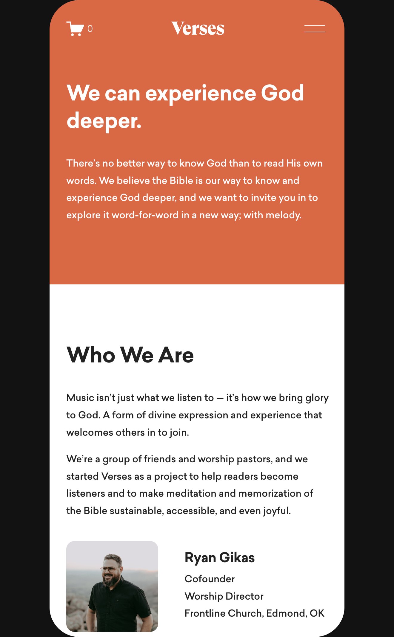 Screenshot of a mobile website page titled 'Verses.' The page features a message about experiencing God deeper through reading the Bible, with a section about who they are, including a photo of Ryan Gikas, a man with glasses and a beard, wearing a black shirt, standing outdoors near rocks and trees. The website has a brown header with a shopping cart icon and a menu icon.