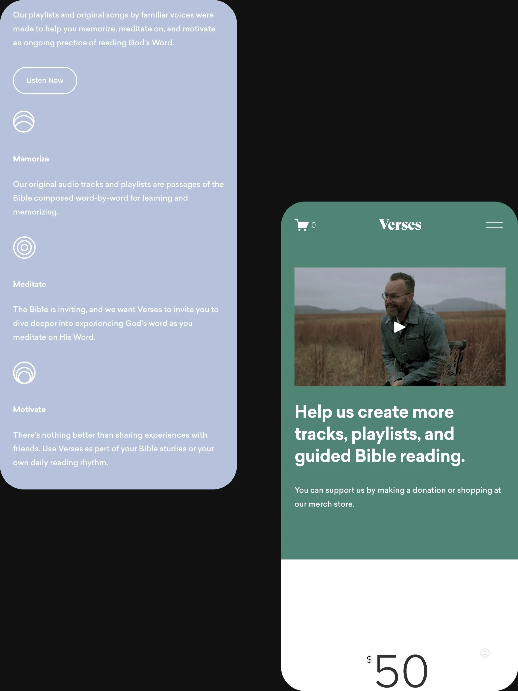 A mobile app screen displaying a section about Christian playlists and songs, with a video thumbnail of a man outdoors. The app offers support options, including donations, with visible text about creating Bible tracks, playlists, and guided reading, and a support donation of $50.