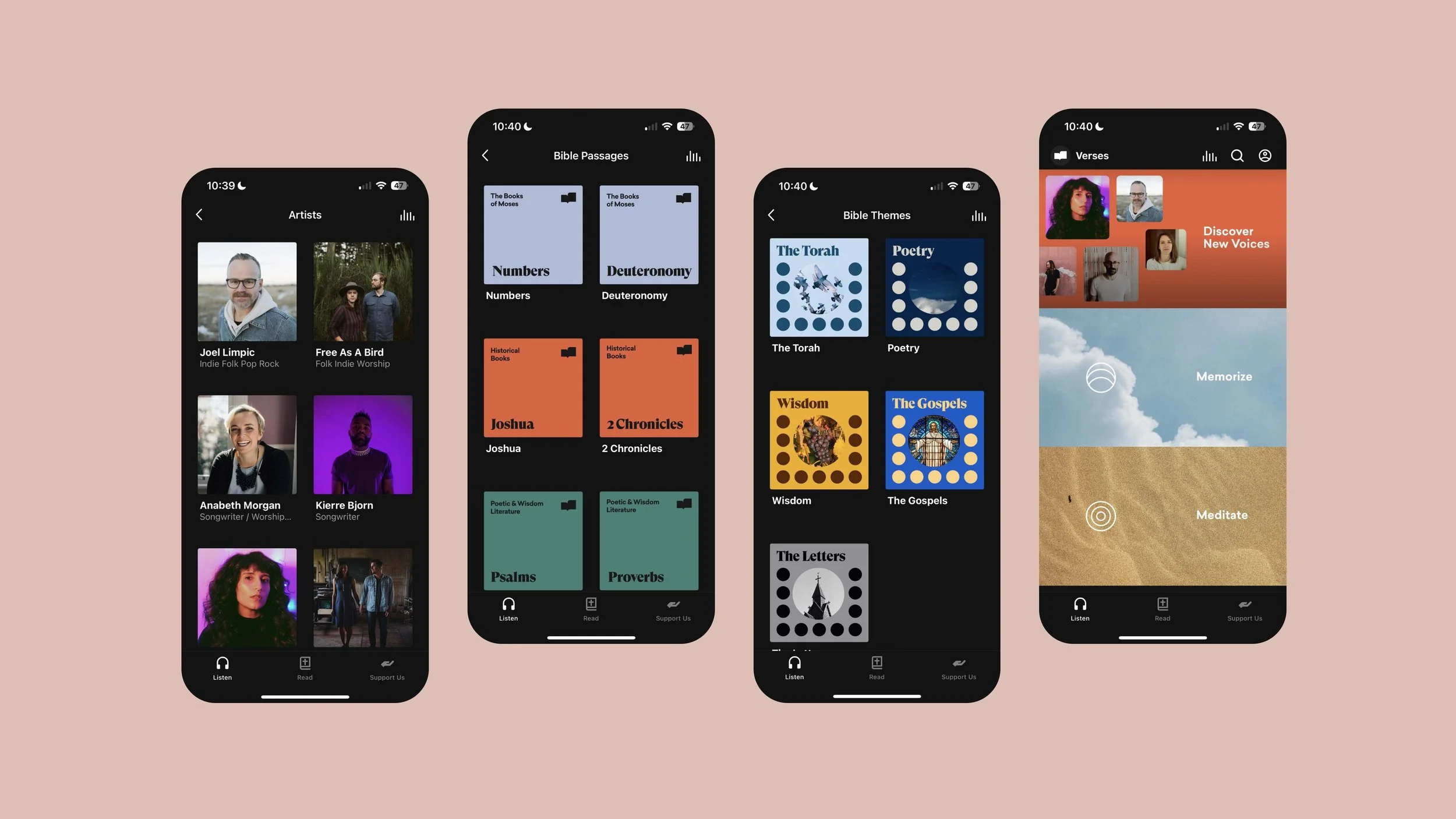 Screenshots of a mobile app interface displaying various categories of religious and spiritual content, including artists, Bible passages, themes, and voices, with dark mode backgrounds and colorful graphics.