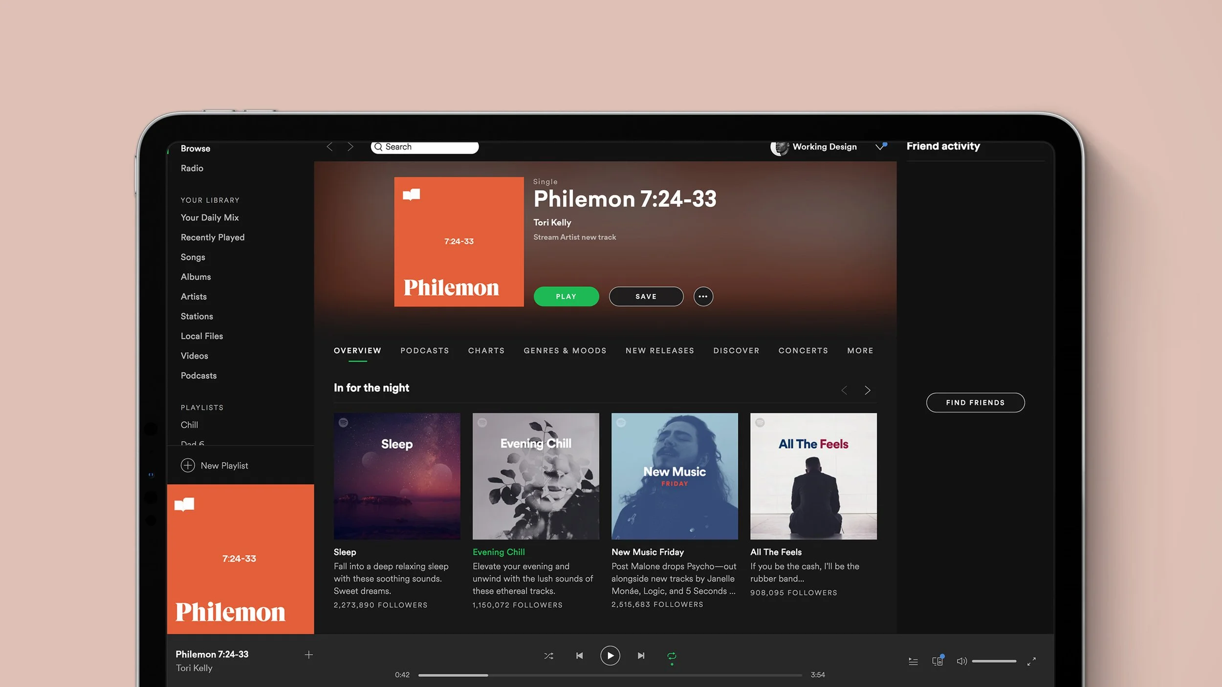 A computer screen displaying a music streaming app with the song "Philemon 7:24-33" by Tori Kelly, with options to play or save, and various music categories shown below.