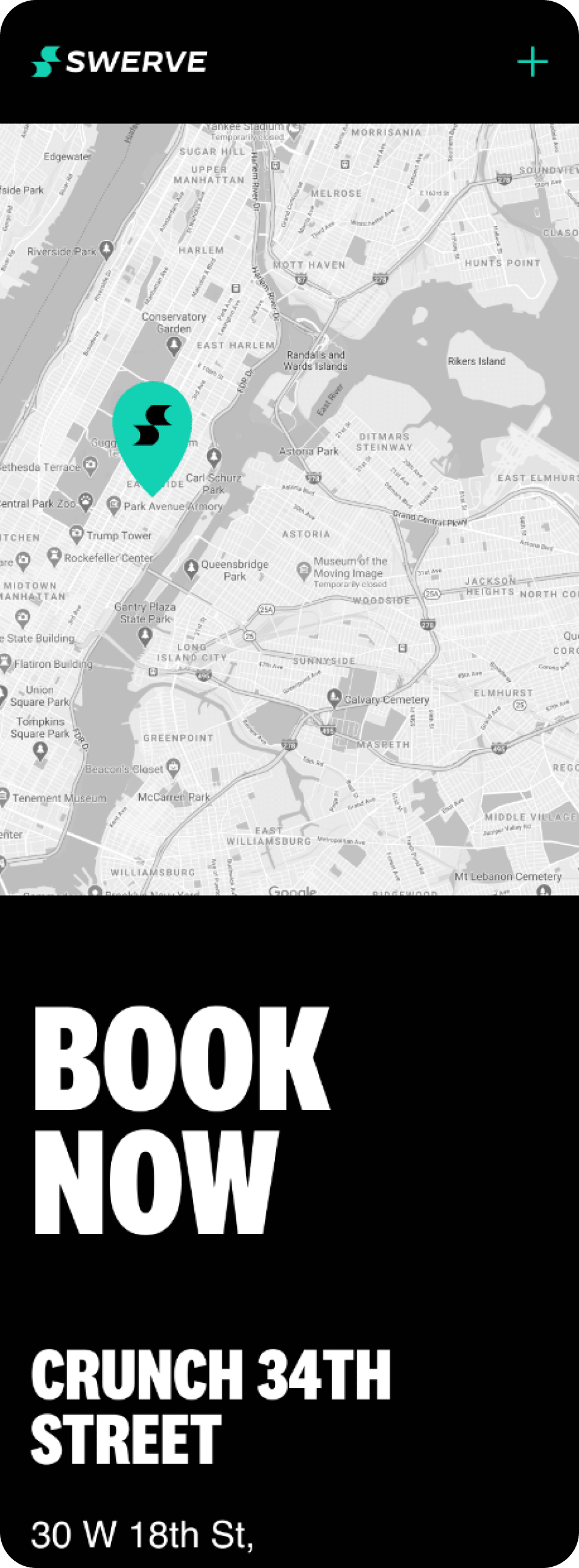 A map of New York City with a teal location marker and a black banner with white text that says 'BOOK NOW' and 'CRUNCH 34TH STREET, 30 W 18th St'.