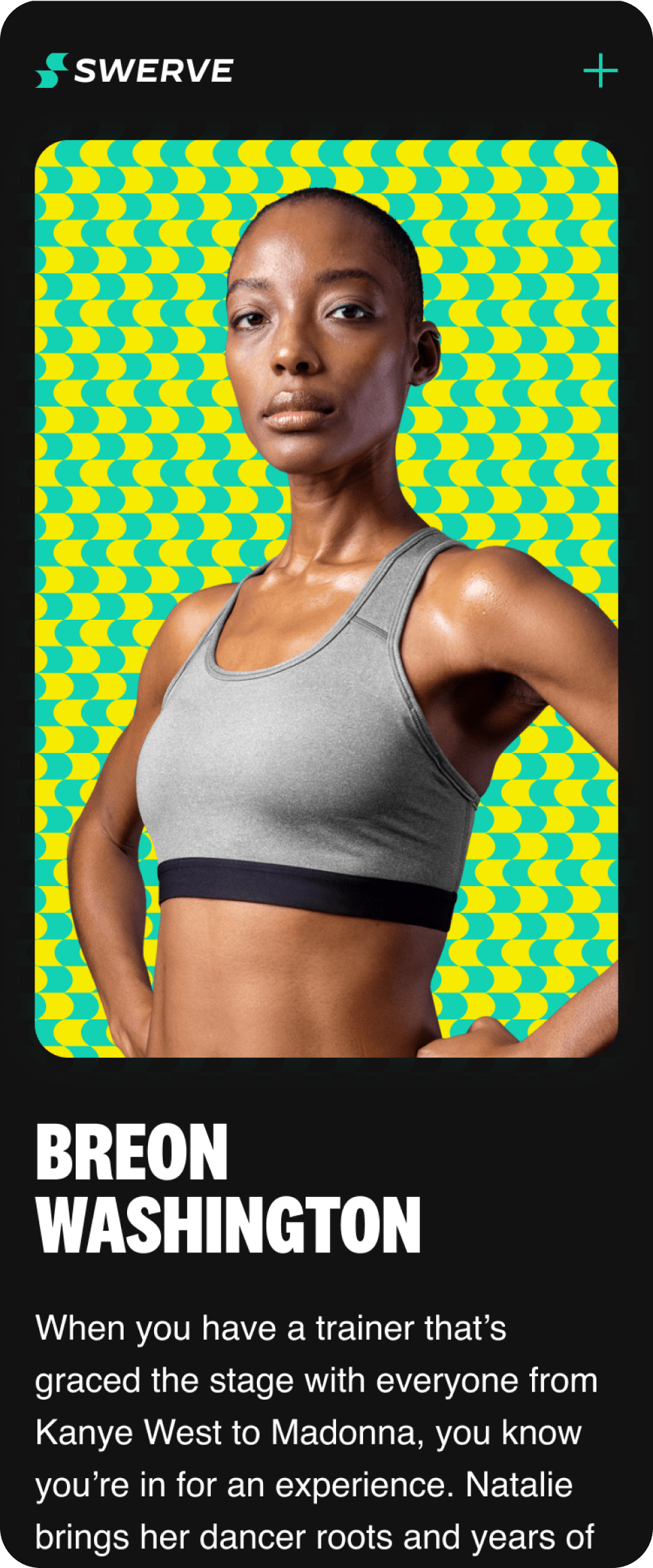 A woman in a gray sports bra with black band, posing confidently against a colorful yellow and green geometric background, with a black banner at the bottom containing white text and a black header with the Swerve logo.