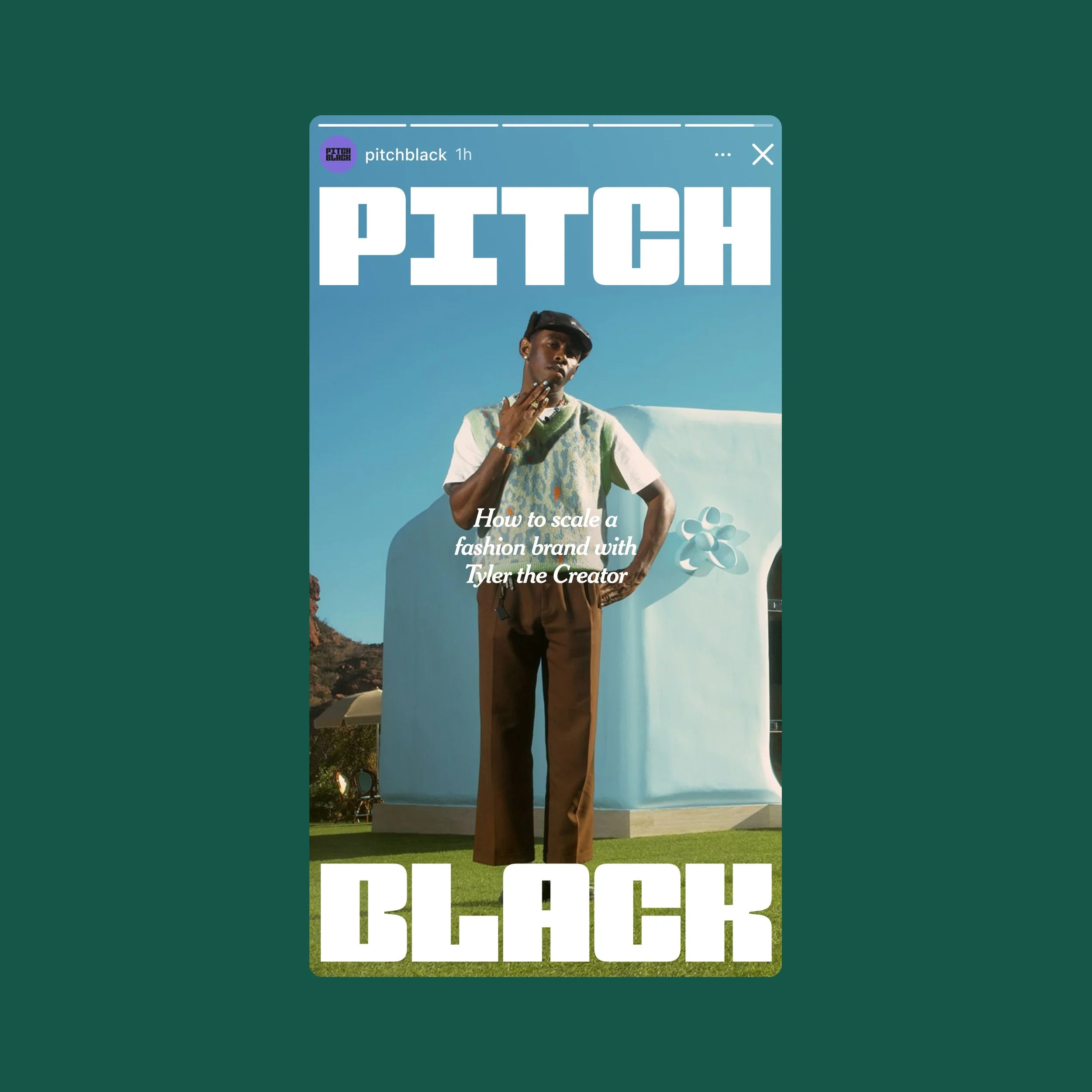 A person wearing a cap and colorful vest posing outdoors with large text that says 'Pitch' and a paragraph about how to build a fashion brand with Tyler the Creator.