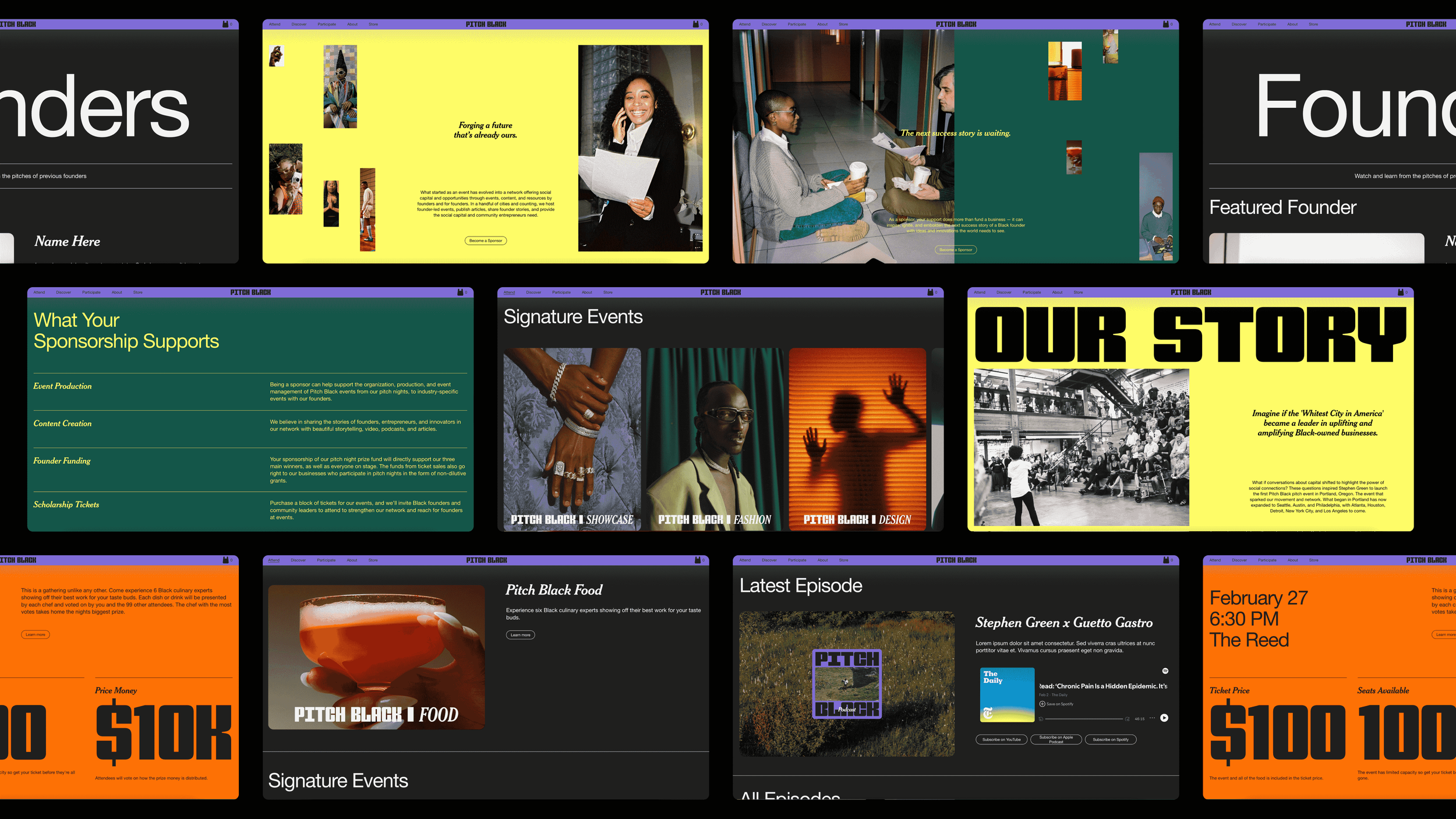 A collage of website screenshots for Pitch Black, showcasing various sections including featured founders, sponsorship support, signature events, food, latest episodes, and story highlights with diverse images and colorful backgrounds.