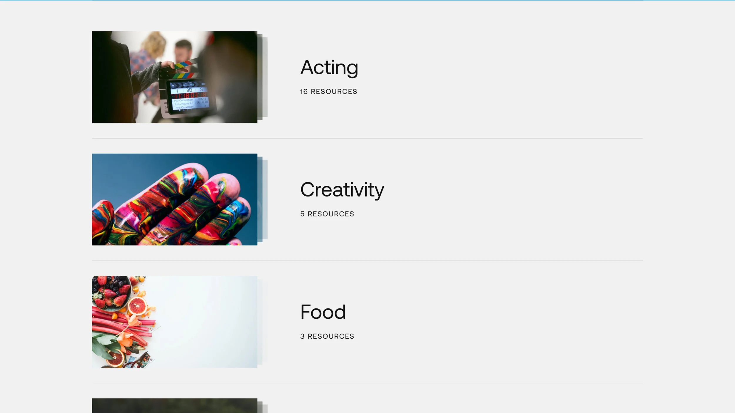 Screenshot of an online resource category page with sections titled 'Acting', 'Creativity', and 'Food', each with an accompanying image.