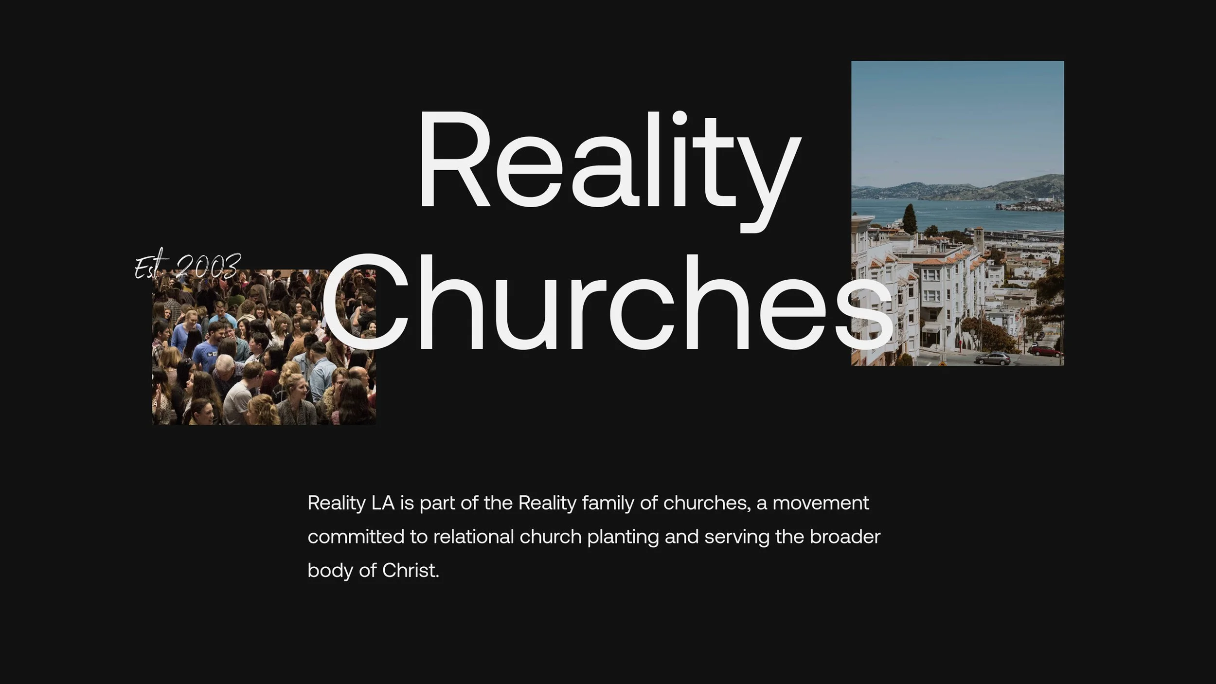 A digital graphic promoting Reality Churches, with a background of a large crowd of people inside a church and a cityscape overlooking water, with the text 'Reality Church' and additional information about the church's mission.