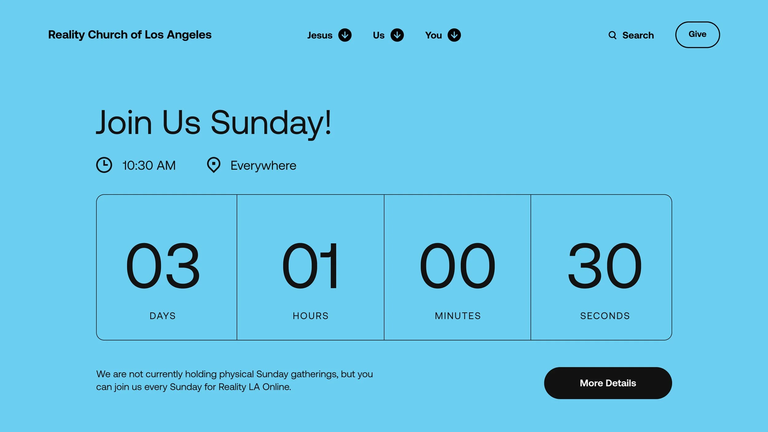 Countdown timer on a website counting down from three days, one hour, zero minutes, and thirty seconds. The website is about a church event, with options to donate or learn more.