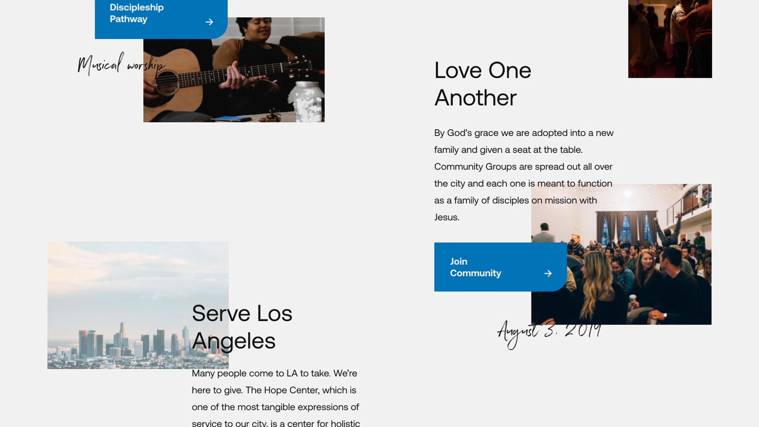 A webpage layout promoting a church's community and service activities. The page features images of people engaging in musical worship, prayer, and group gatherings, with text emphasizing love, service, and community. There are buttons to join or learn more.
