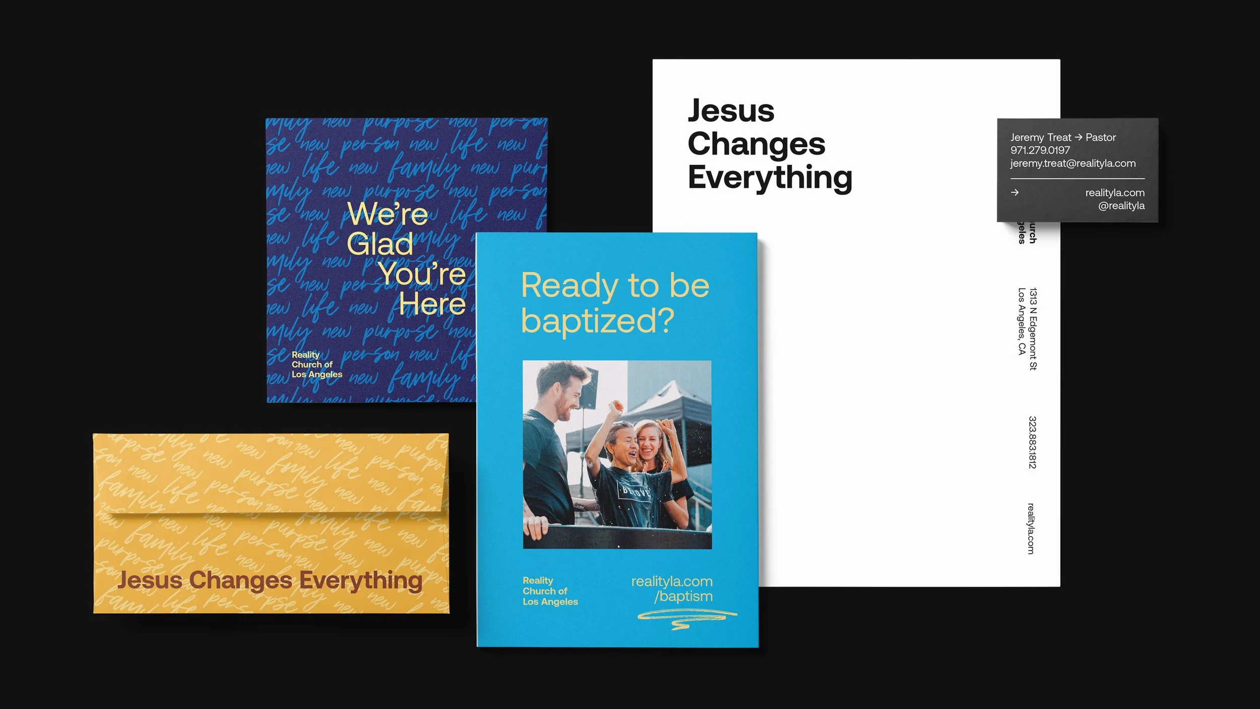 A collection of promotional materials for a church baptism event, including flyers and a business card, with text announcing Jesus changes everything and inviting to be baptized.