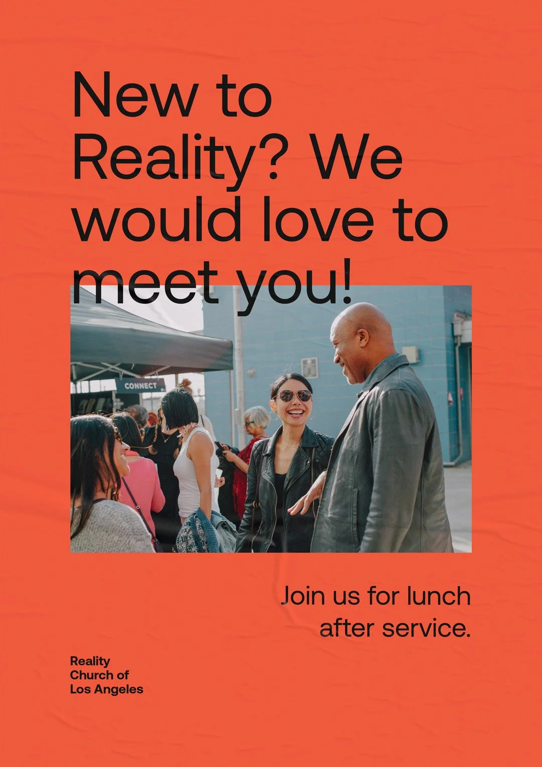 An invitation from the Reality Church of Los Angeles offering to meet people for lunch after a church service, featuring a photo of diverse smiling people outdoors.