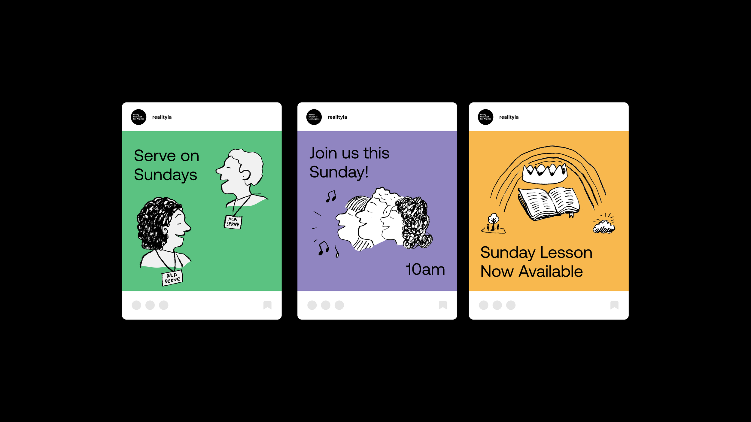 Graphic design advertisements for a church or community group: first with green background saying 'Serve on Sundays' and illustrated people; second with purple background advertising a Sunday service at 10am with illustrations of singing people; third with yellow background announcing Sunday lessons now available with illustrations of a crown, an open book, and outdoor scene.