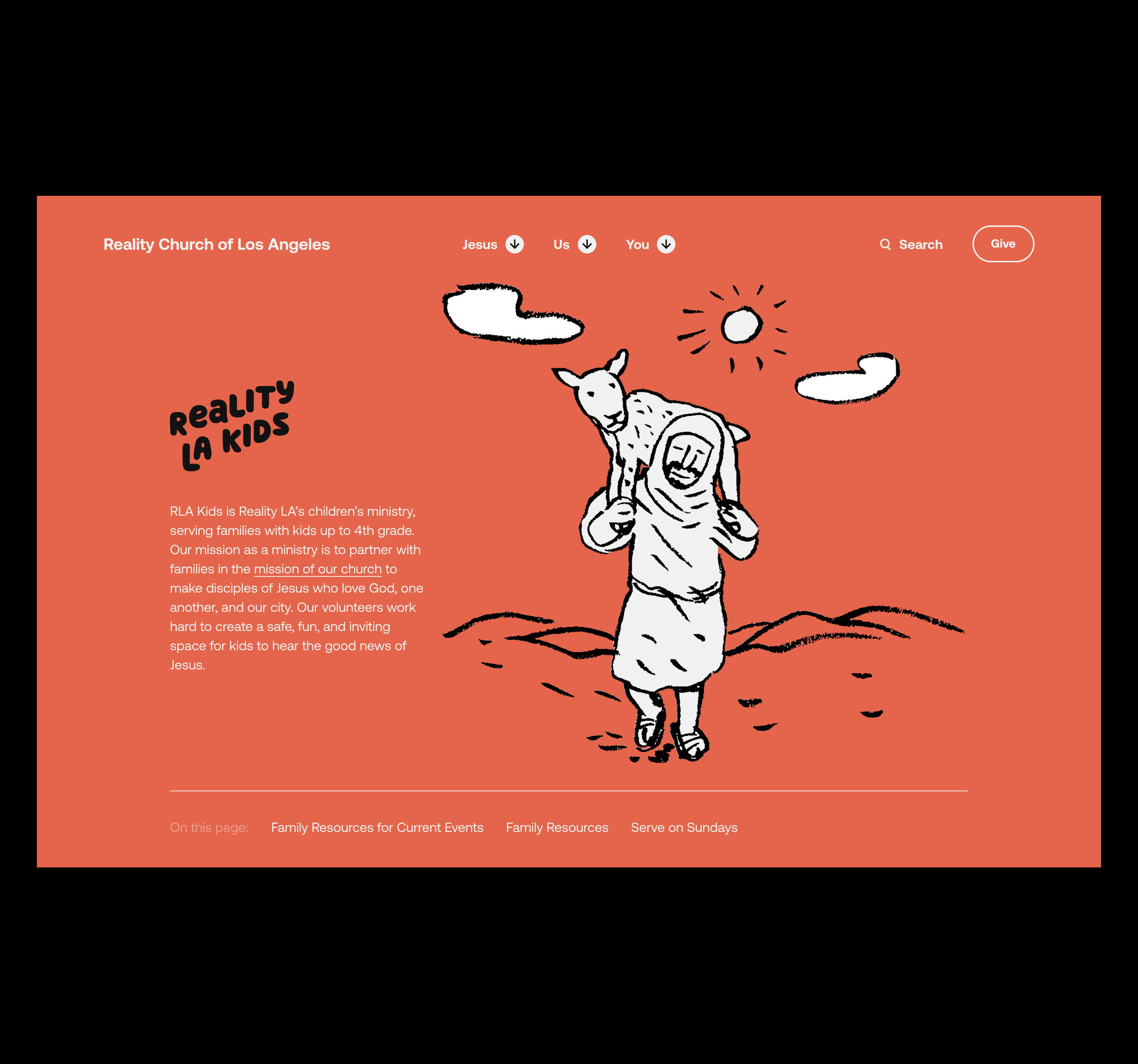 Screenshot of the homepage of Reality Church of Los Angeles, with a black and orange theme, showing a hand-drawn illustration of a lamb with a baby lamb on its back, and a large sun and clouds in the background. The text includes the church name, navigation options, and a brief description of the church's mission to serve families and children.