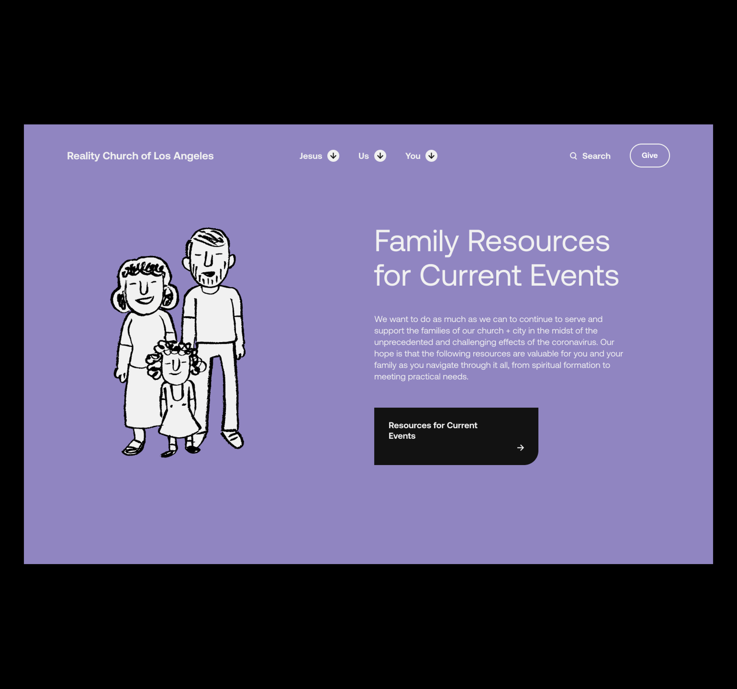 A church website homepage with a purple background, black header, cartoon illustration of a family, and text highlighting family resources for current events.