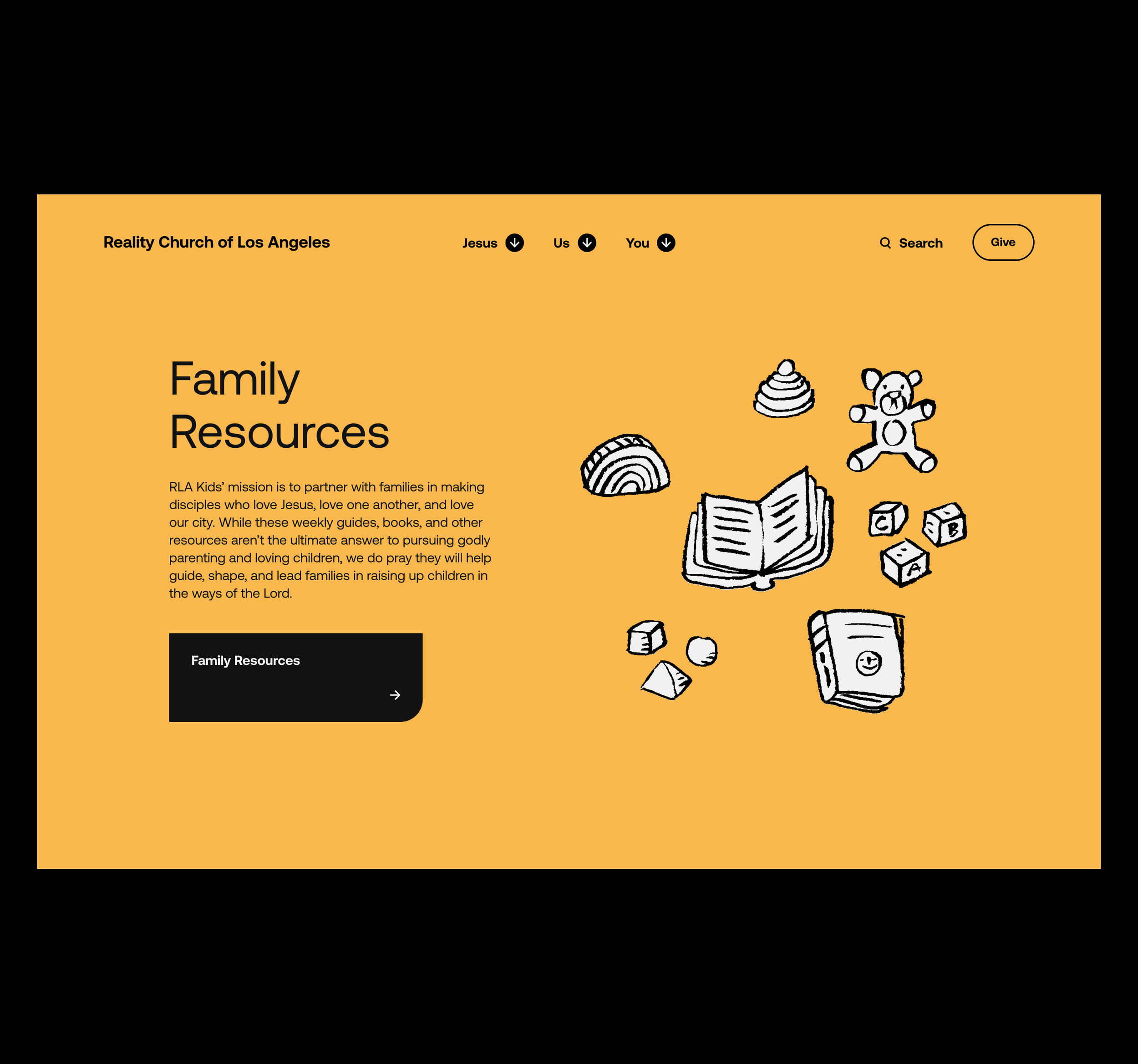 Screenshot of a website page with an orange background and black text, featuring icons and illustrations of books, a teddy bear, and building blocks
