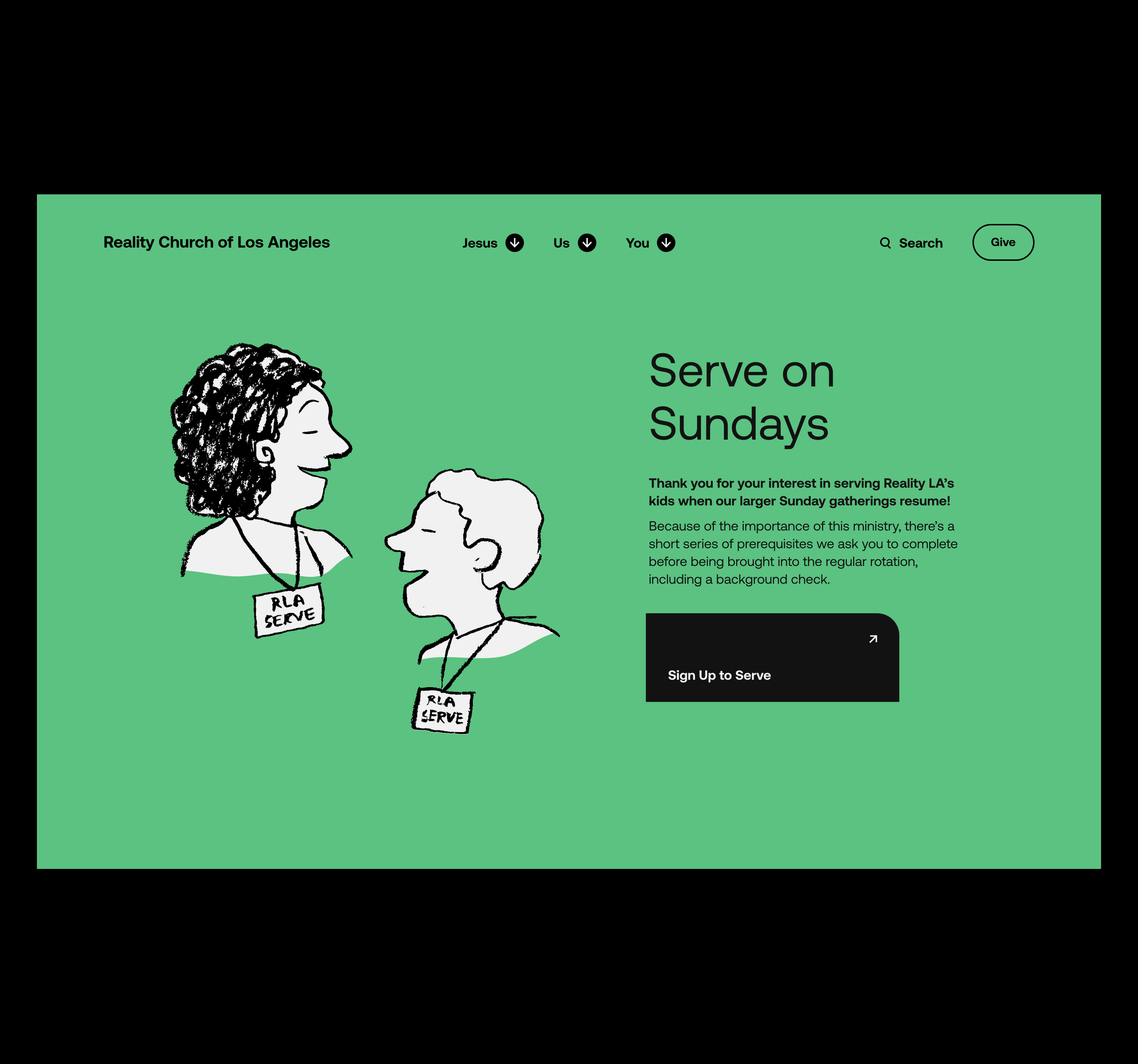 Screenshot of a website for Reality Church of Los Angeles, showing cartoon illustrations of two children wearing tags that say 'RLA Serve' and information about serving on Sundays.