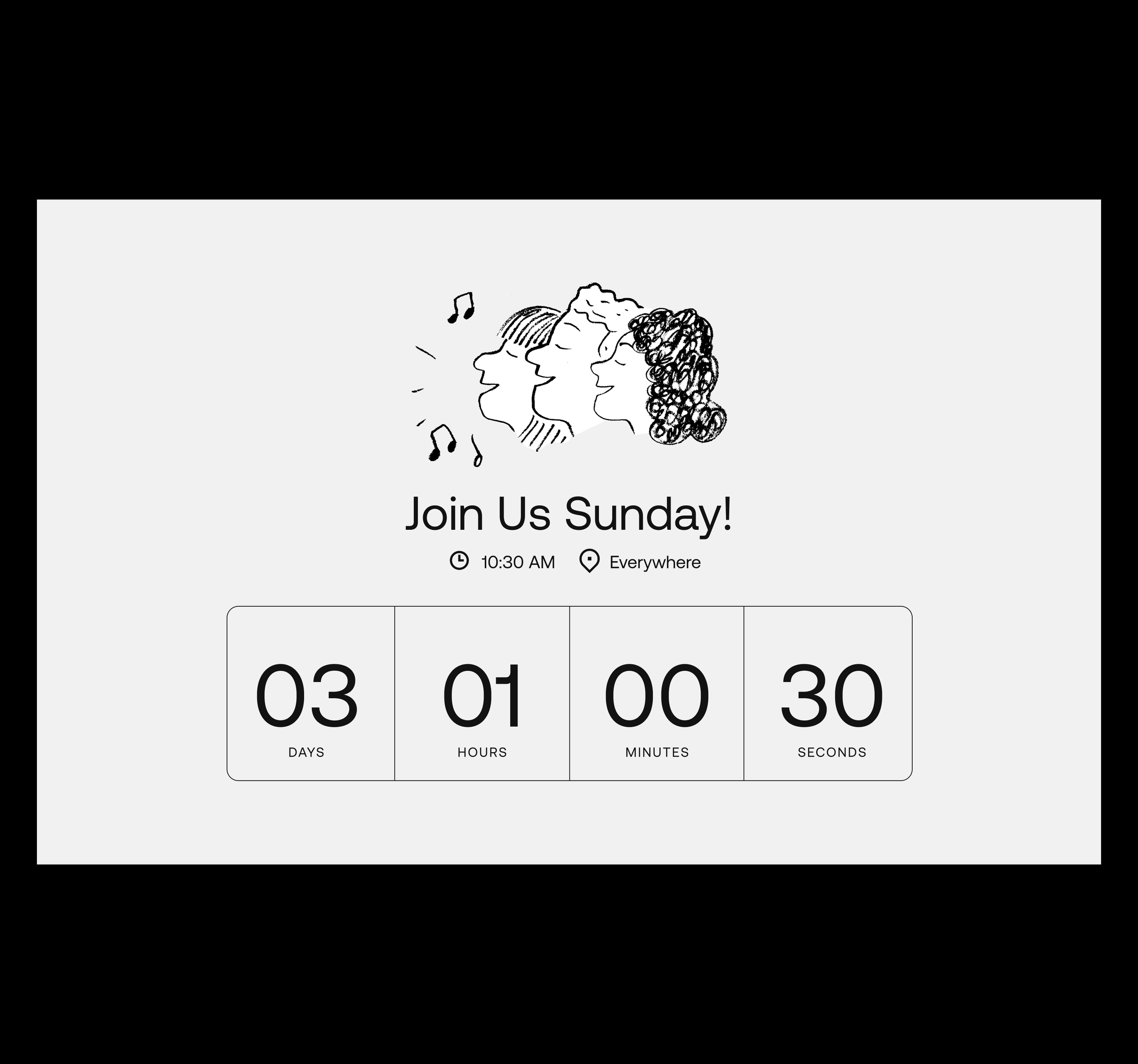 A digital countdown timer showing 03 days, 01 hours, 00 minutes, and 30 seconds. The background is black, and the timer display is white with large black numbers.