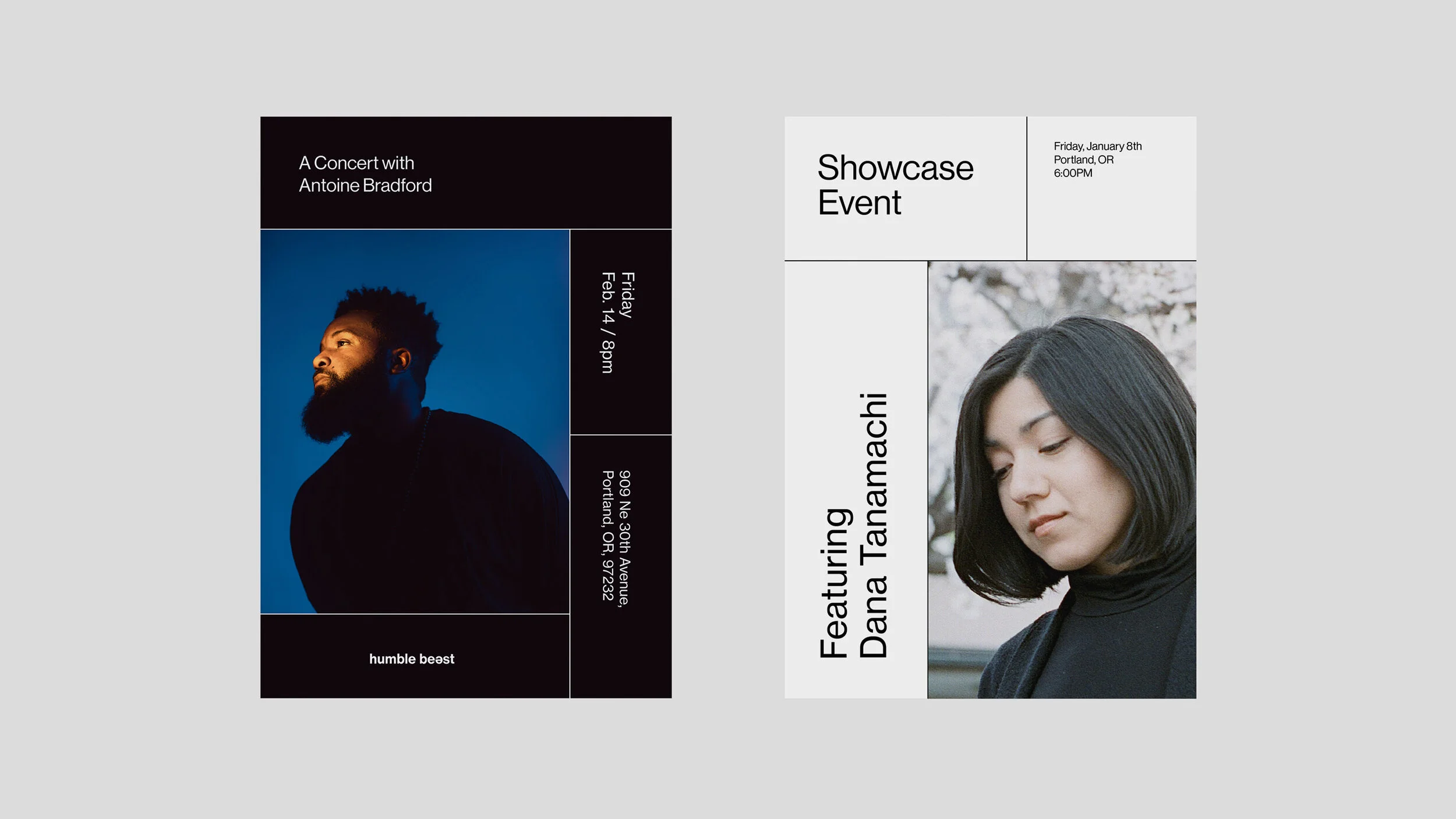 Two event posters; the left features a concert with Antoine Bradford, a portrait of a man with a beard and afro against a blue background, details include date, time, and location. The right features a showcase event with Dana Tapanamaachii, a portrait of a woman with dark hair against a background of white blossoms, details include date, time, and location.