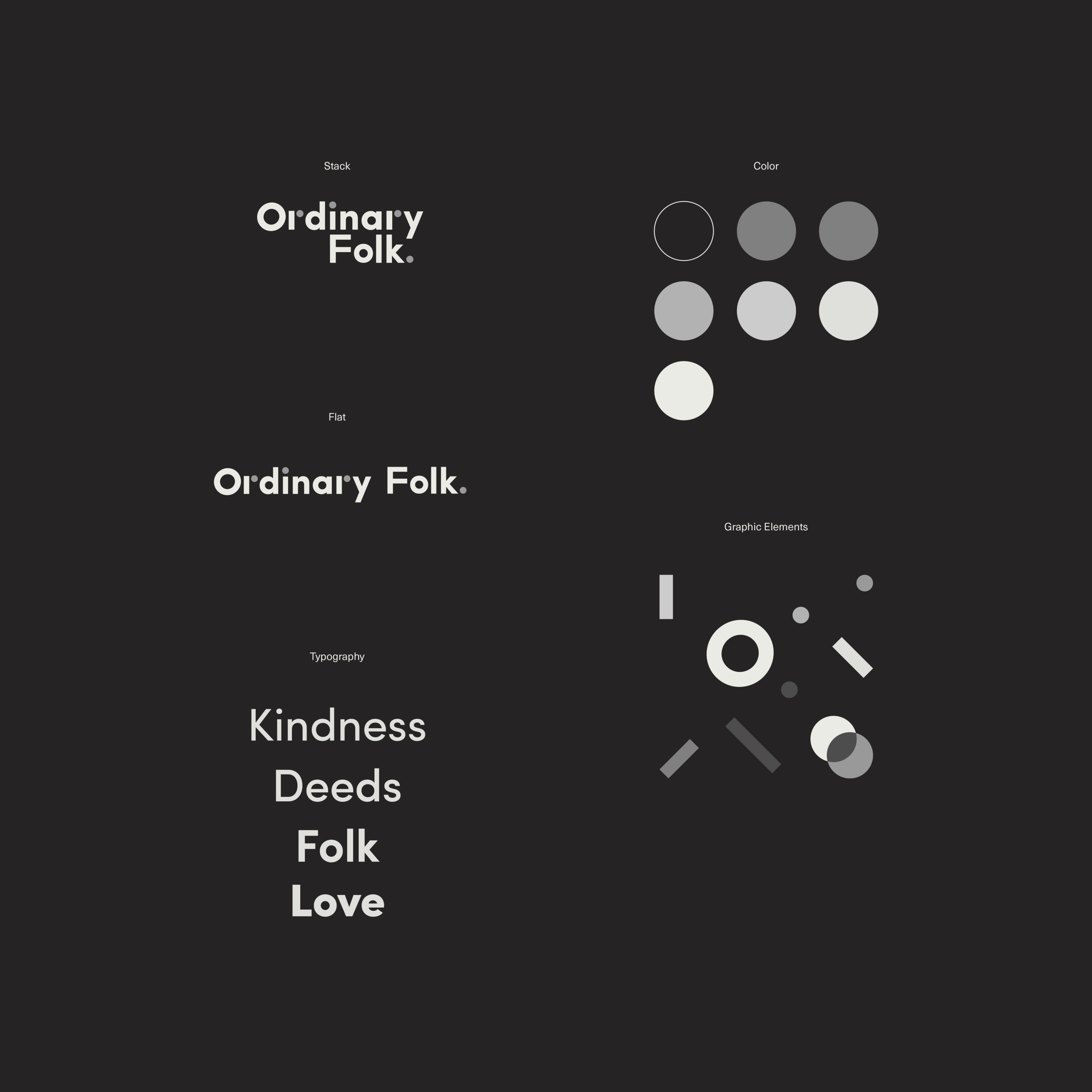 Design graphic with the words: 'Ordinary Folk,' 'Kindness,' 'Deeds,' 'Folk,' 'Love' in white text on a black background, accompanied by gray and white circle graphic elements and labels indicating 'Stack,' 'Color,' 'Flat,' and 'Typography.'