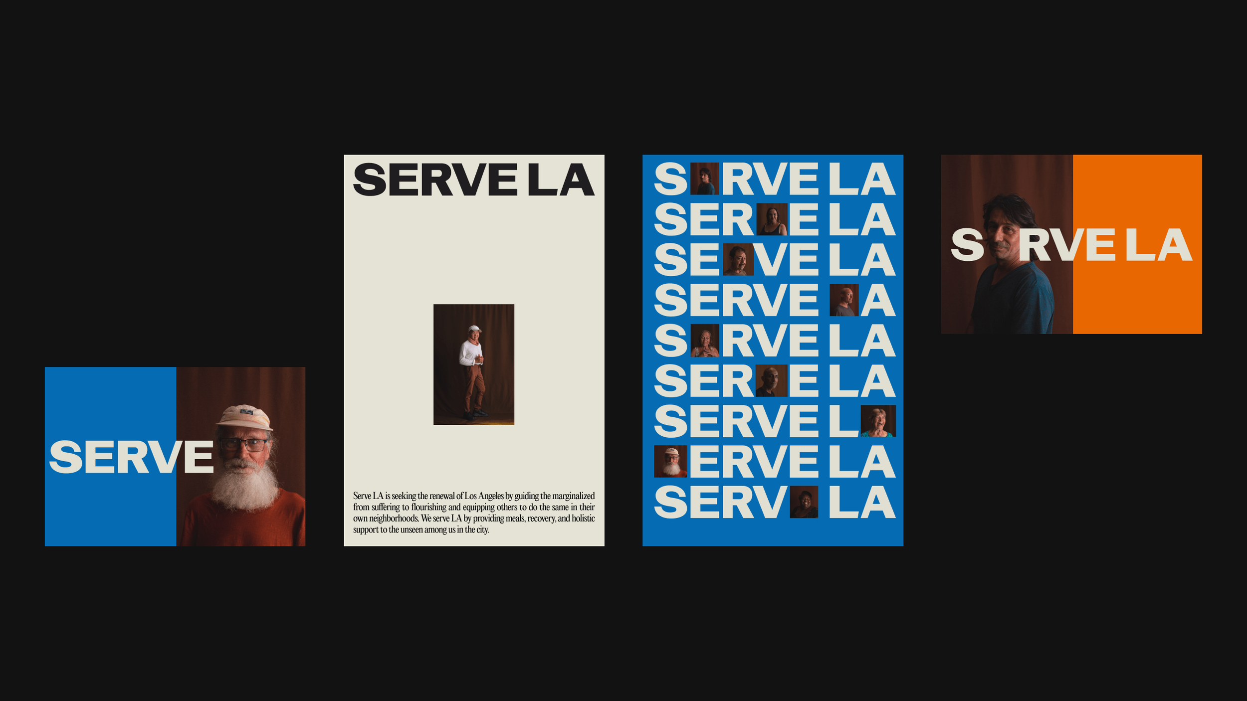 Collage of posters promoting Serve LA, an organization aiding marginalized communities in Los Angeles, featuring diverse individuals and bold text reading 'SERVE LA' repeatedly.