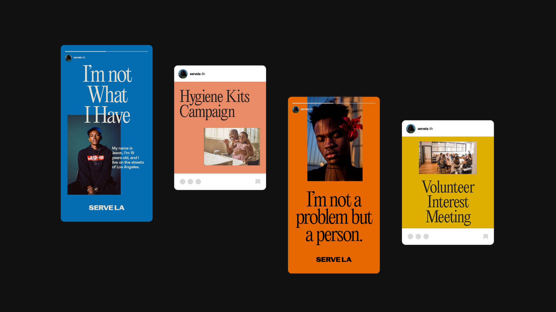 A digital collage of four social media-style posts with different background colors and photos. The first post is blue with a photo of a young man and text about his name and location. The second is peach with two children eating at a table and text about hygiene kits campaign. The third is orange with a photo of a woman with an afro hairstyle and text about being not a problem but a person. The fourth is yellow with a photo of a group in a meeting and text about volunteer interest meeting.