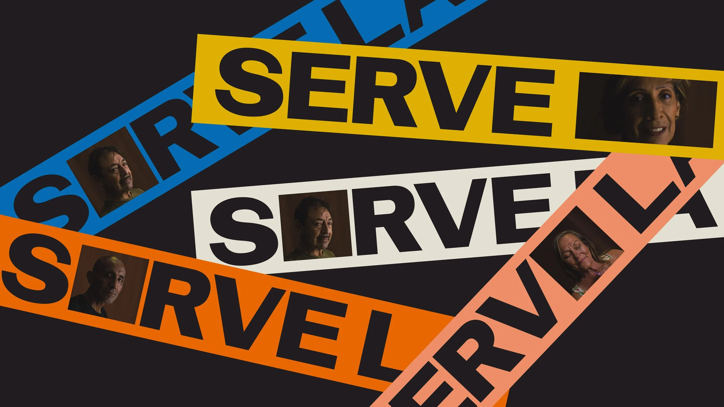 Multiple colorful movie tickets with the word 'SERVE' in bold black letters, each featuring a different person's portrait, overlapping on a black background.