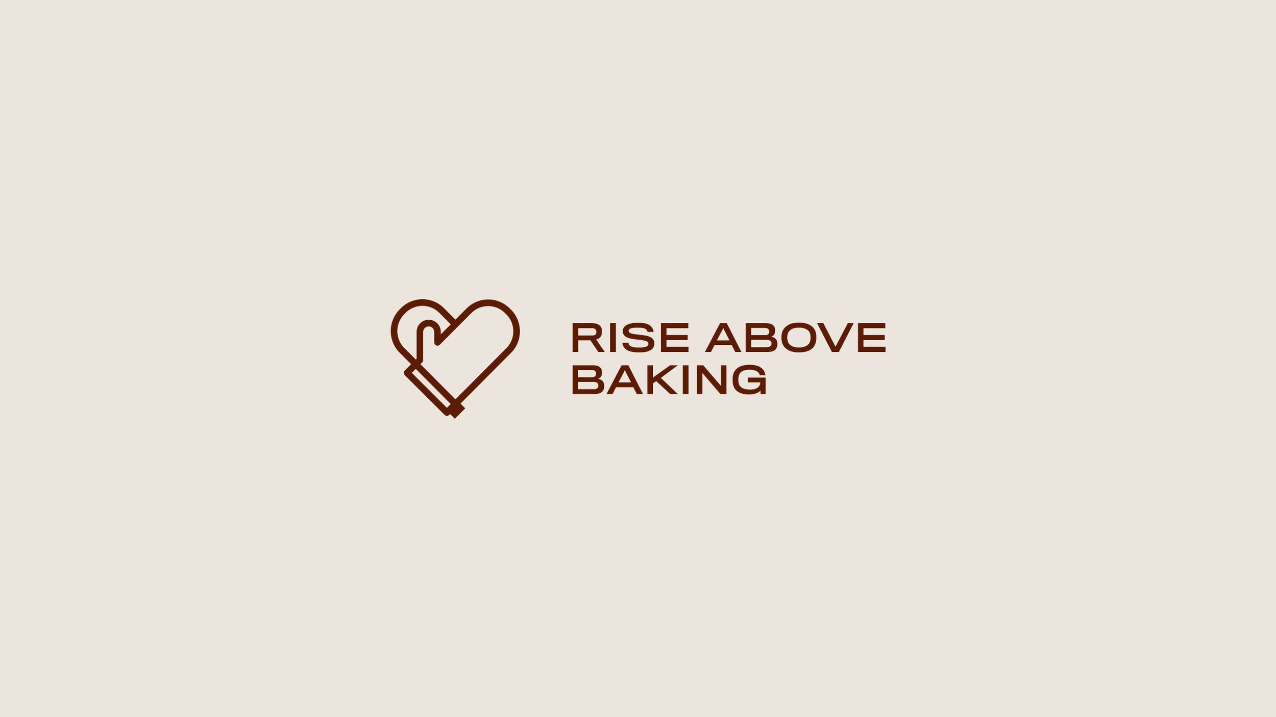 A beige background with a brown outline of a heart and a mixer, alongside the text 'Rise Above Baking' in brown.