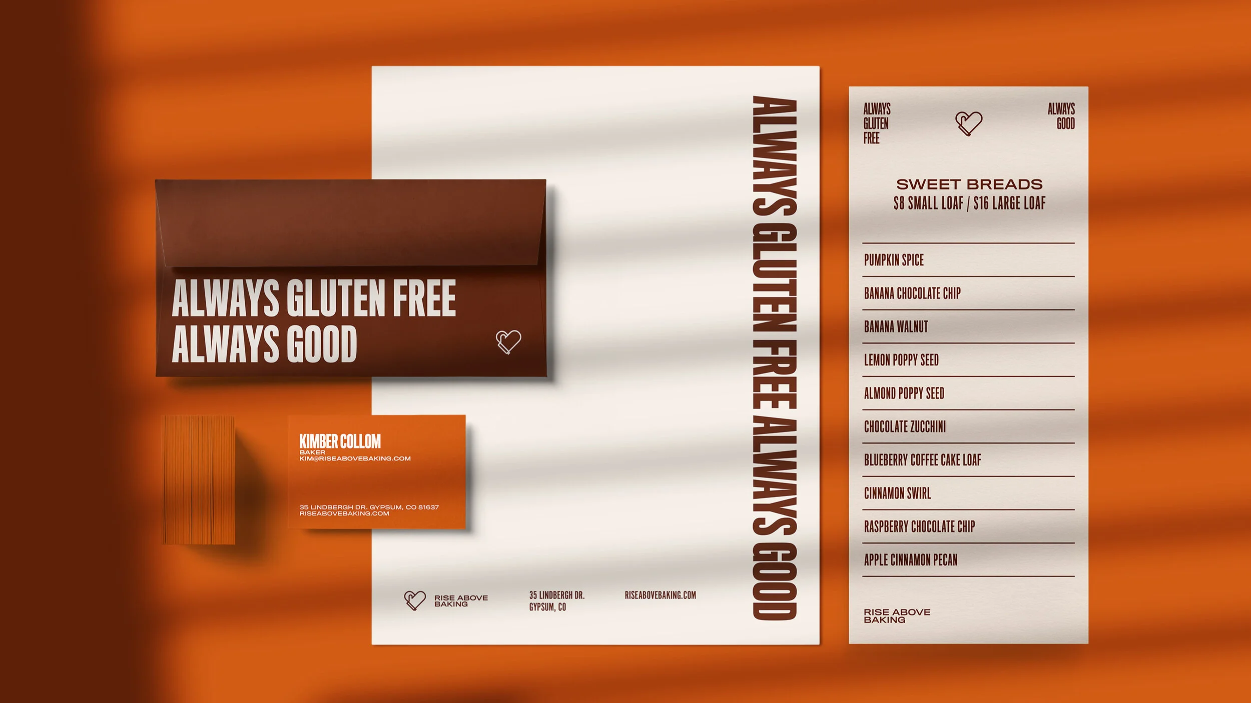 Bakery menu and business card with a warm brown background, featuring gluten-free baked goods, a list of sweet breads, and contact information.