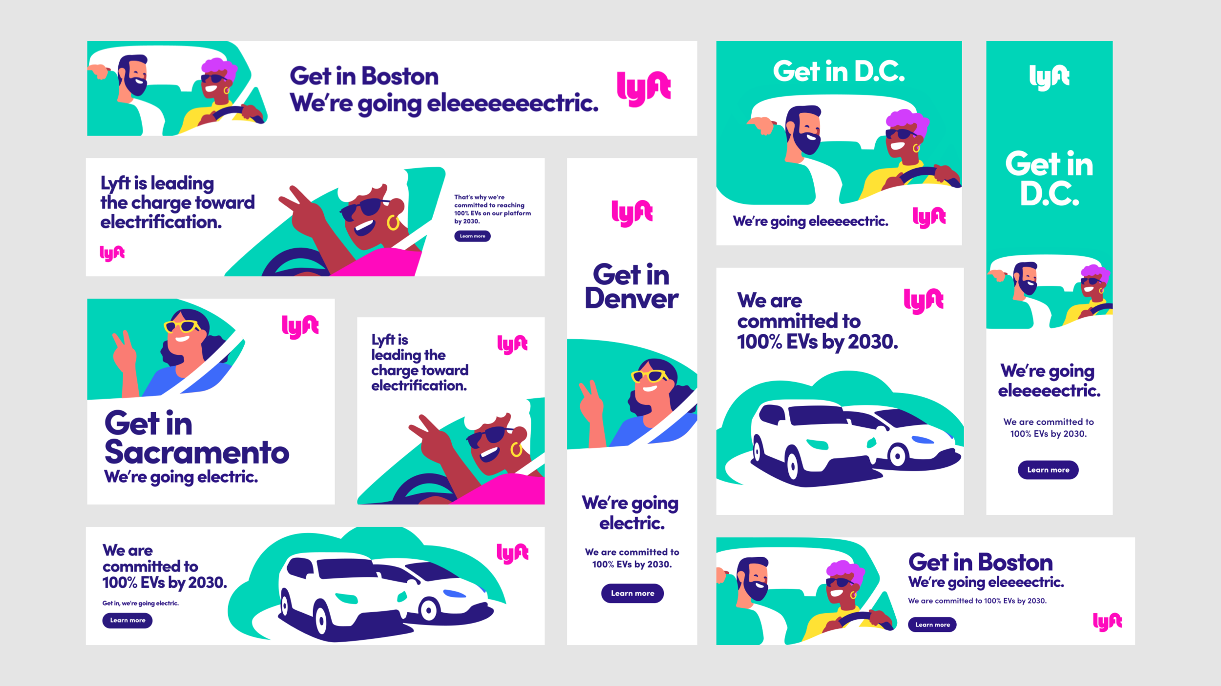 A collage of Lyft promotional banners promoting electric vehicle initiatives in various cities, including Boston, Sacramento, Denver, and Washington D.C. The banners feature illustrations of happy, diverse people driving and celebrating, with images of electric cars and messages about commitment to 100% electric vehicles by 2030.