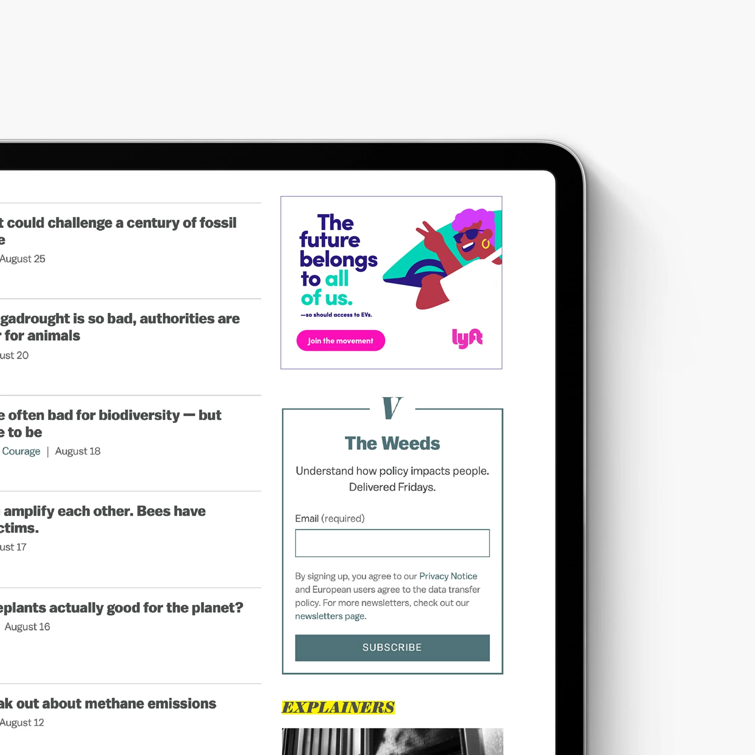 Part of a computer screen displaying a newsletter with various articles listed on the left and an advertisement on the right, featuring a cartoon illustration of a woman with purple hair, sunglasses, and a peace sign, and a sign-up form for a newsletter called "The Weeds."