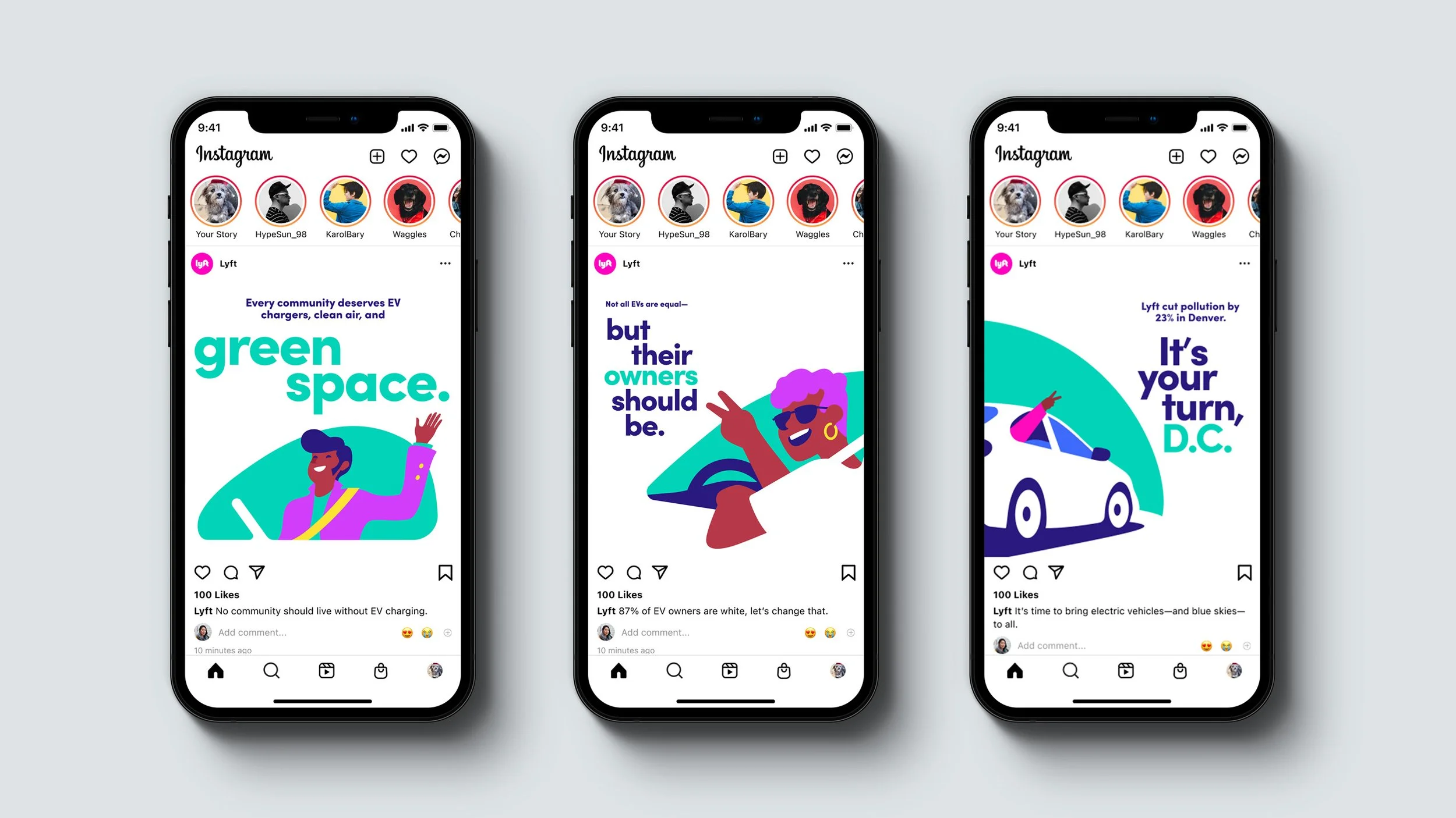 Three smartphones displaying Instagram posts promoting electric vehicle awareness and community environmental issues with colorful illustrations and text.