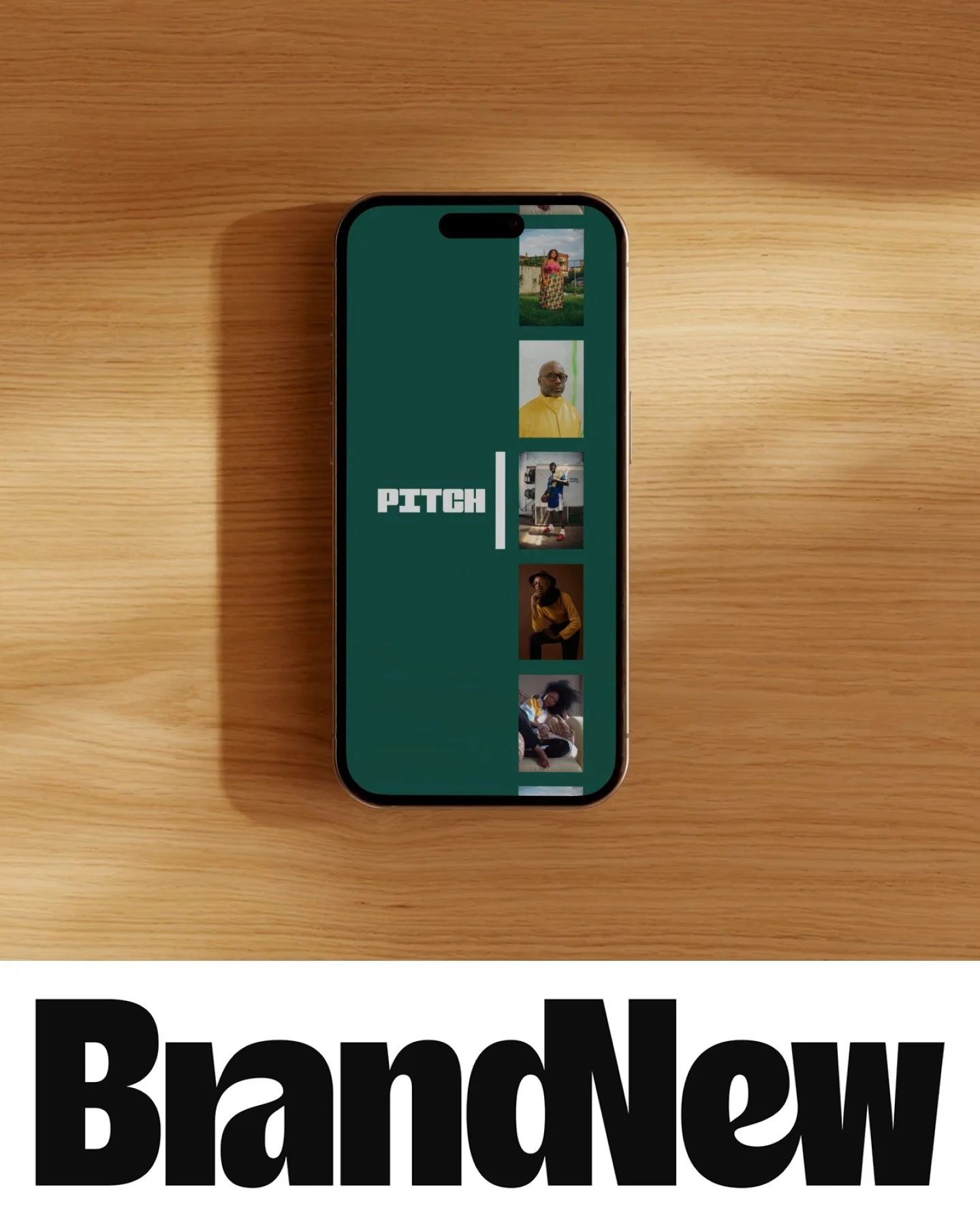 A smartphone resting on a wooden surface displaying a collage of photos and the word 'PITCH' on its screen.