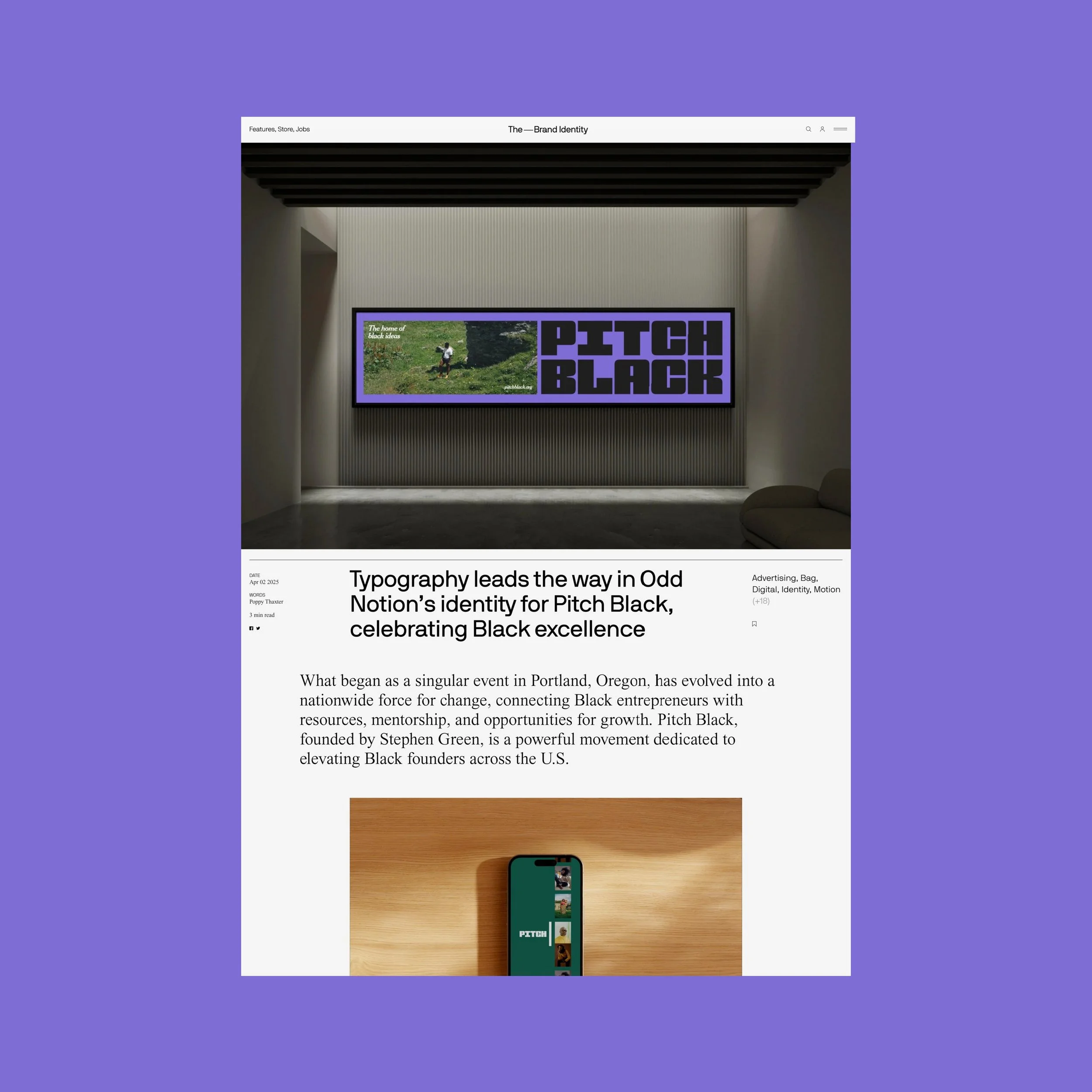 A webpage titled 'Typography leads the way in Odd Notion's identity for Pitch Black,' with text about Black excellence, a photo of a person in a green field, and a large purple text saying 'PITCH BLACK'.