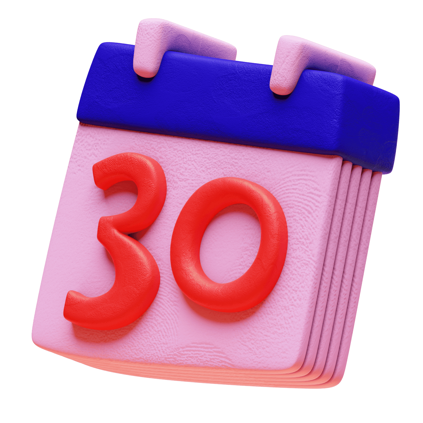A stylized 3D pink calendar showing the date 30, with red numbers and a dark blue header.