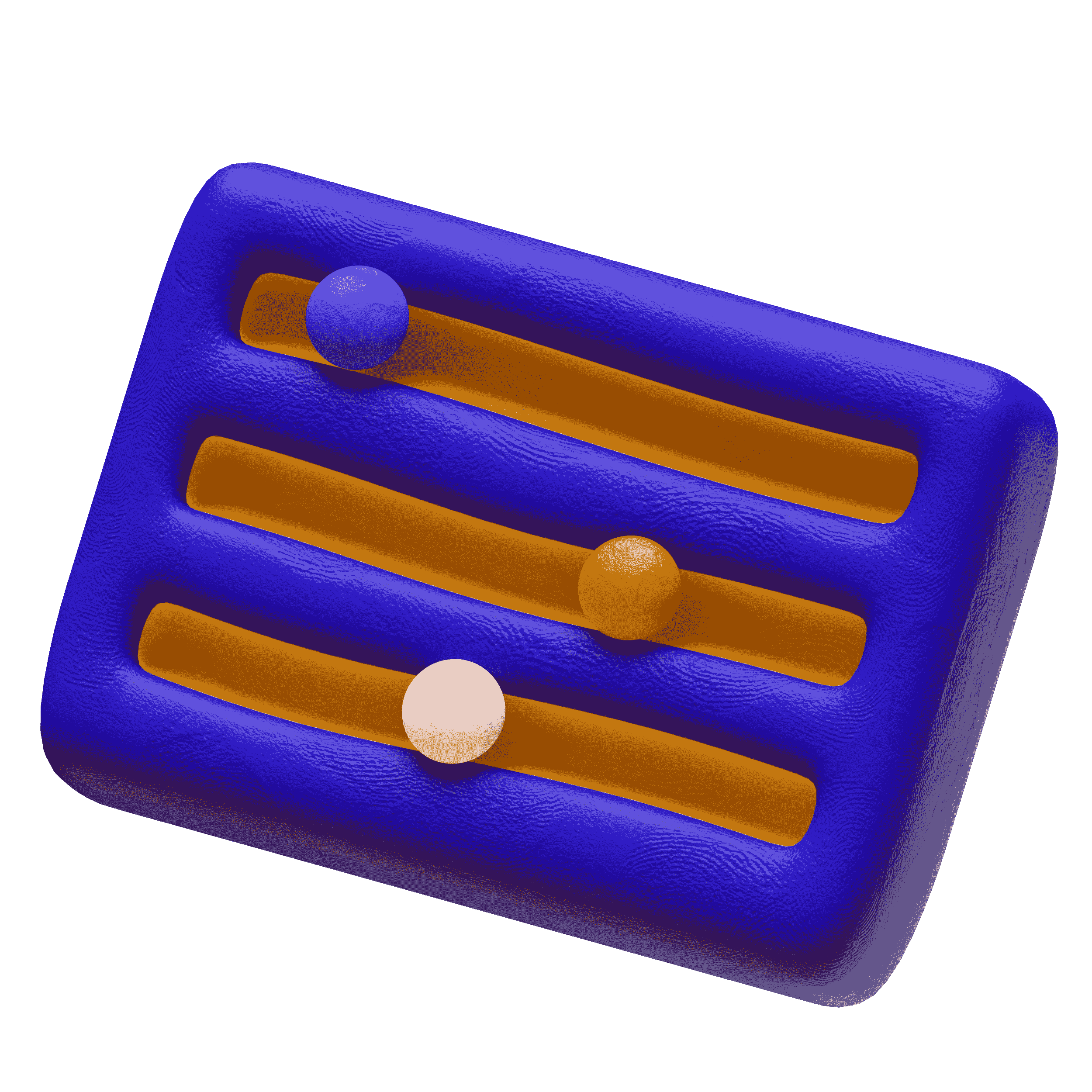 A digital illustration of a maze with a small spherical object at the entrance, featuring a blue and orange color scheme on a black background.