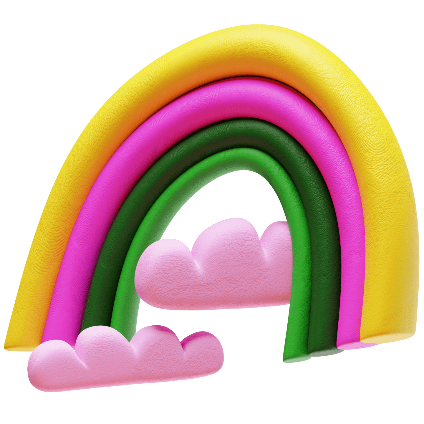 Colorful 3D illustration of a rainbow with pink clouds at the base, set against a black background.