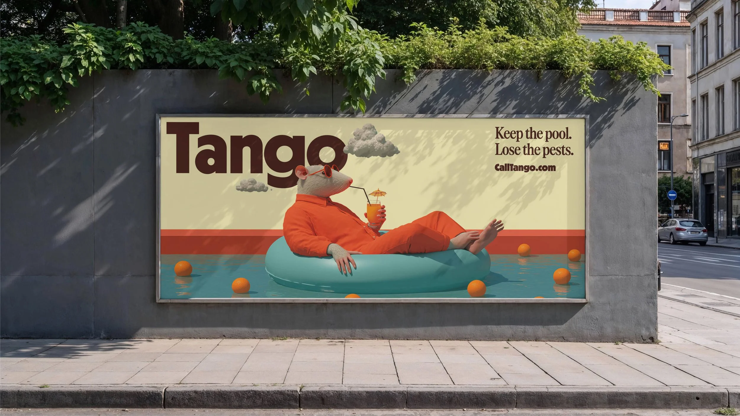 Billboard featuring a mouse character relaxing in a pool with orange balls, wearing sunglasses and sipping a drink, with large text reading "Tango" and a tagline about pool maintenance.