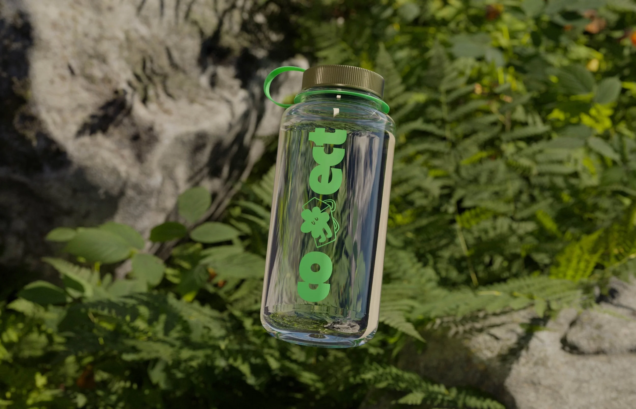 A clear reusable water bottle with a green label and lid, labeled 'Oxygen,' is outdoors surrounded by green foliage.