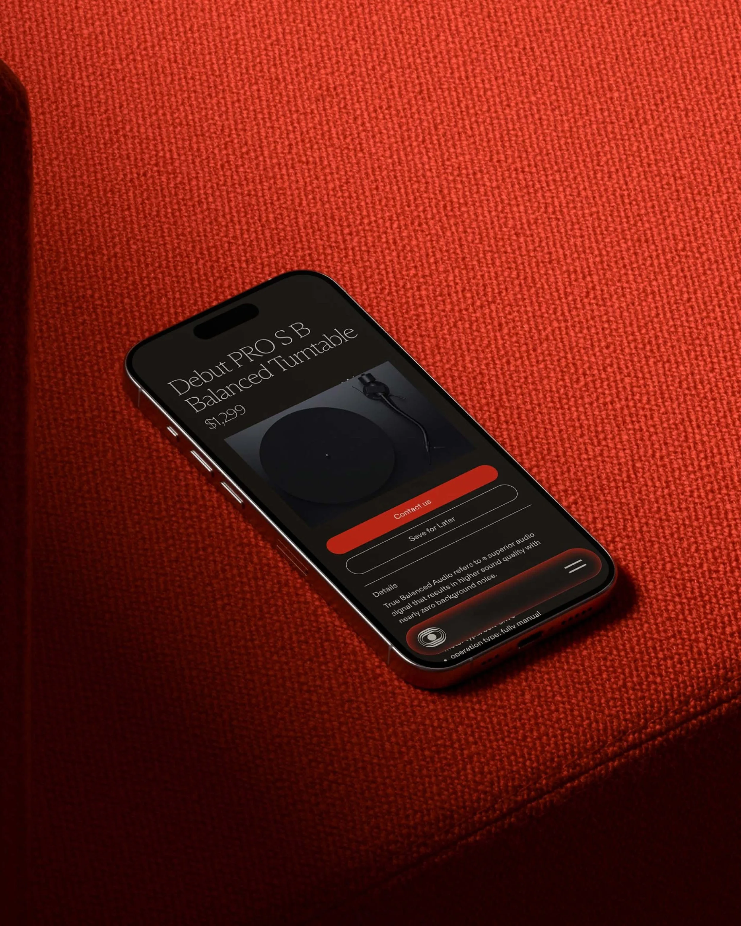 Smartphone displaying a product page for Debut PRO SB Balanced Tunable earphones, priced at $1,299, on a red textured surface.