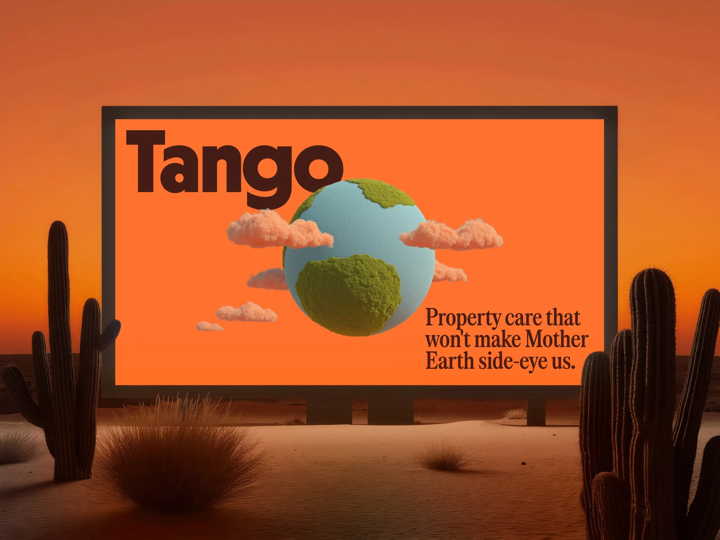 Billboard with text about property care and a globe with clouds, set against a desert landscape with cacti and dry grass, under a sunset sky.