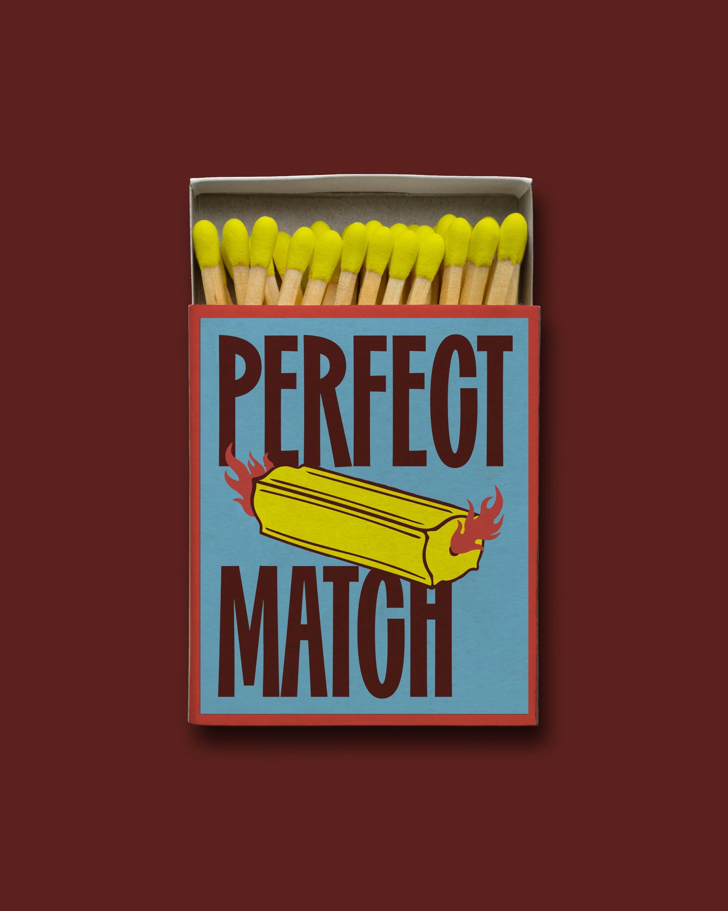 A box of matchsticks with yellow tips and a partial label reading 'PERFECT MATCH' with a matchstick illustration.