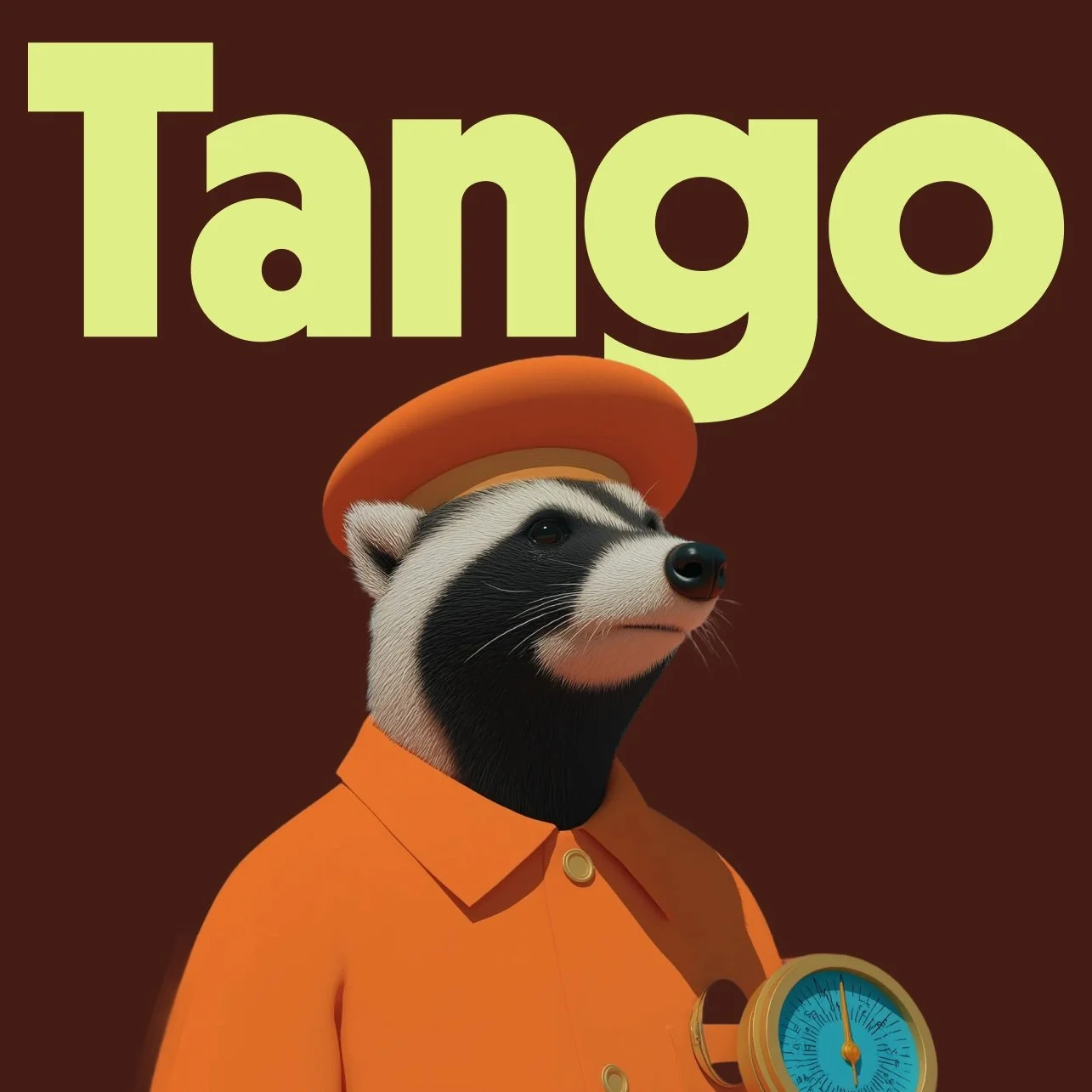 A digital illustration of a raccoon with a human body, dressed in an orange shirt and holding a pocket watch. The raccoon has a beret on its head and the word "Tango" is written above in large yellow letters.