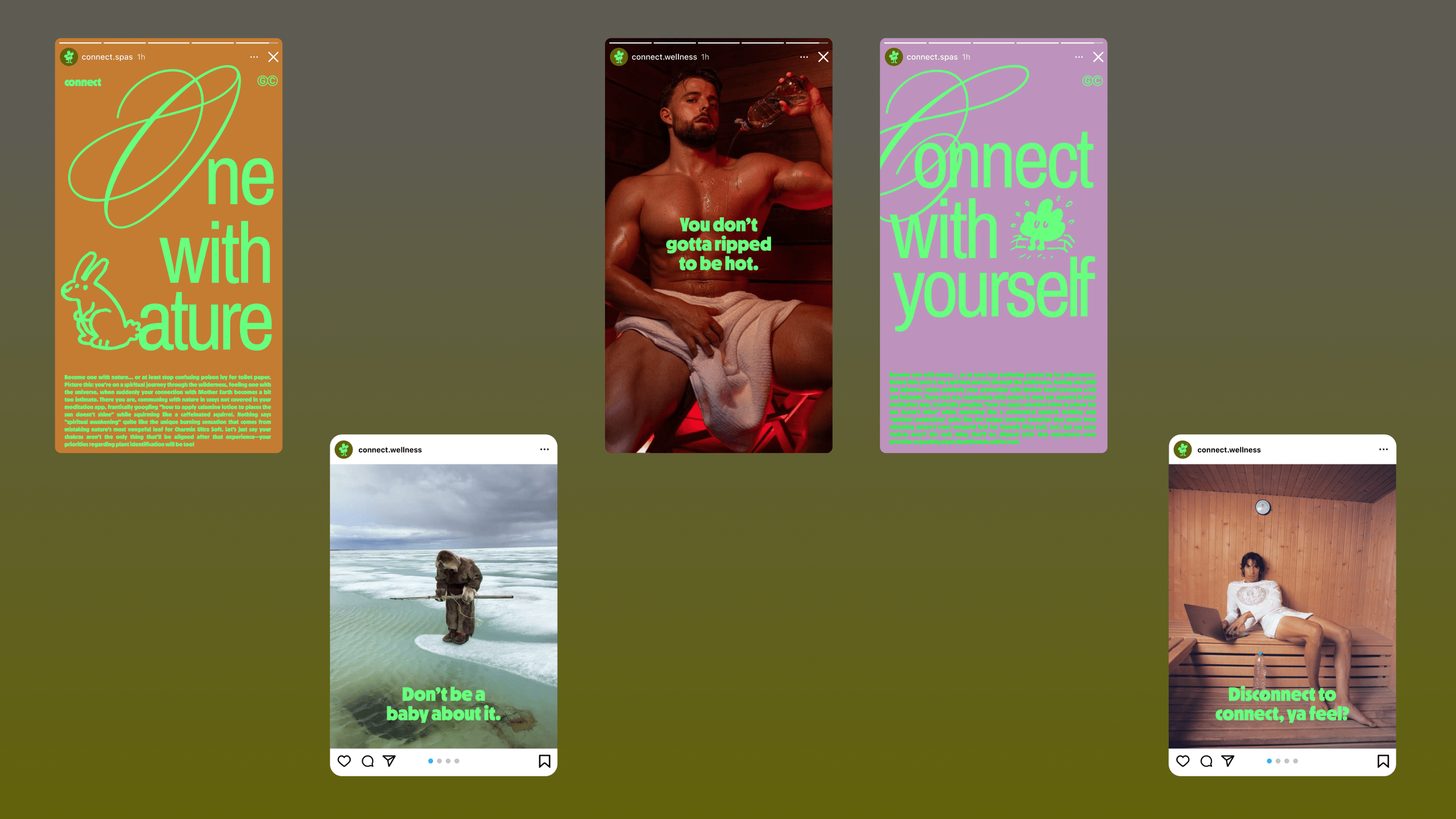 Collection of social media posts promoting wellness, featuring images of a man in a sauna drinking water, a dog by the ocean, a woman relaxing with a laptop, and various motivational messages about connecting with nature and self-care.