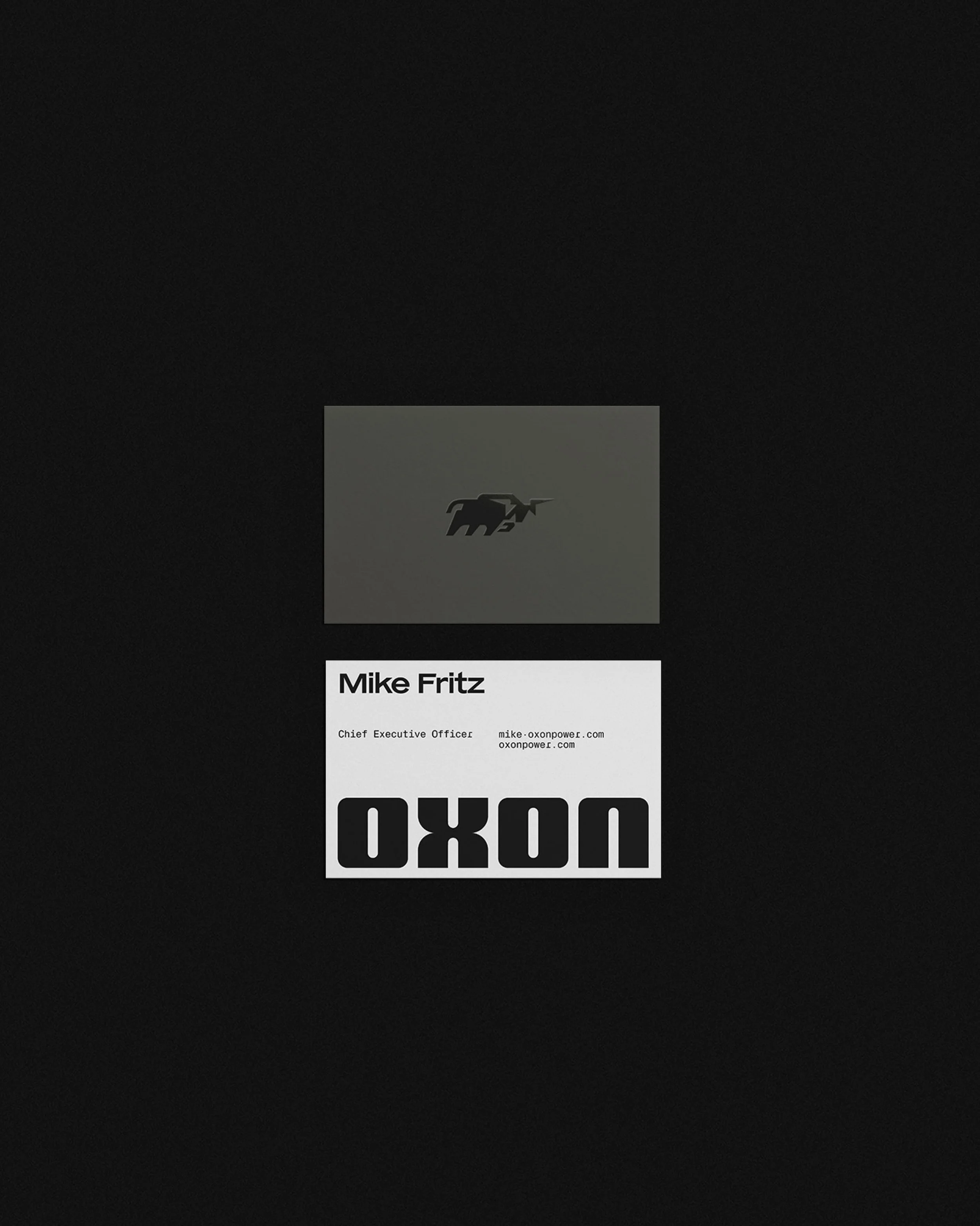 Business card for Mike Fritz, Chief Executive Officer at oxonpower.com, with the oxon logo featuring a stylized animal head.