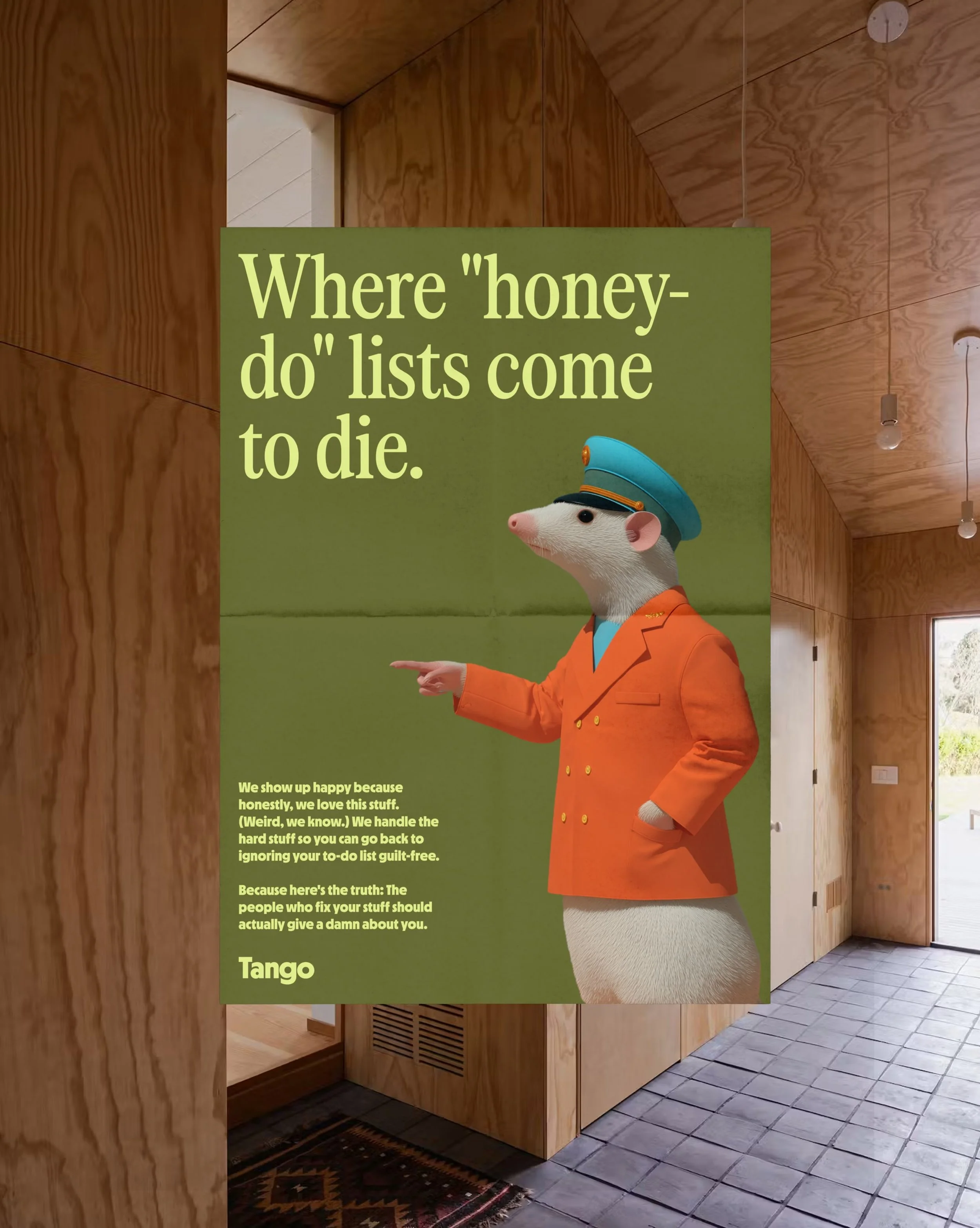 A humorous sign featuring an animated rat dressed in a teal conductor's hat and an orange jacket, pointing to the right. The sign's background is green and contains text about the humorous purpose of the sign, with the phrase 'Where "honey-do" lists come to die.'