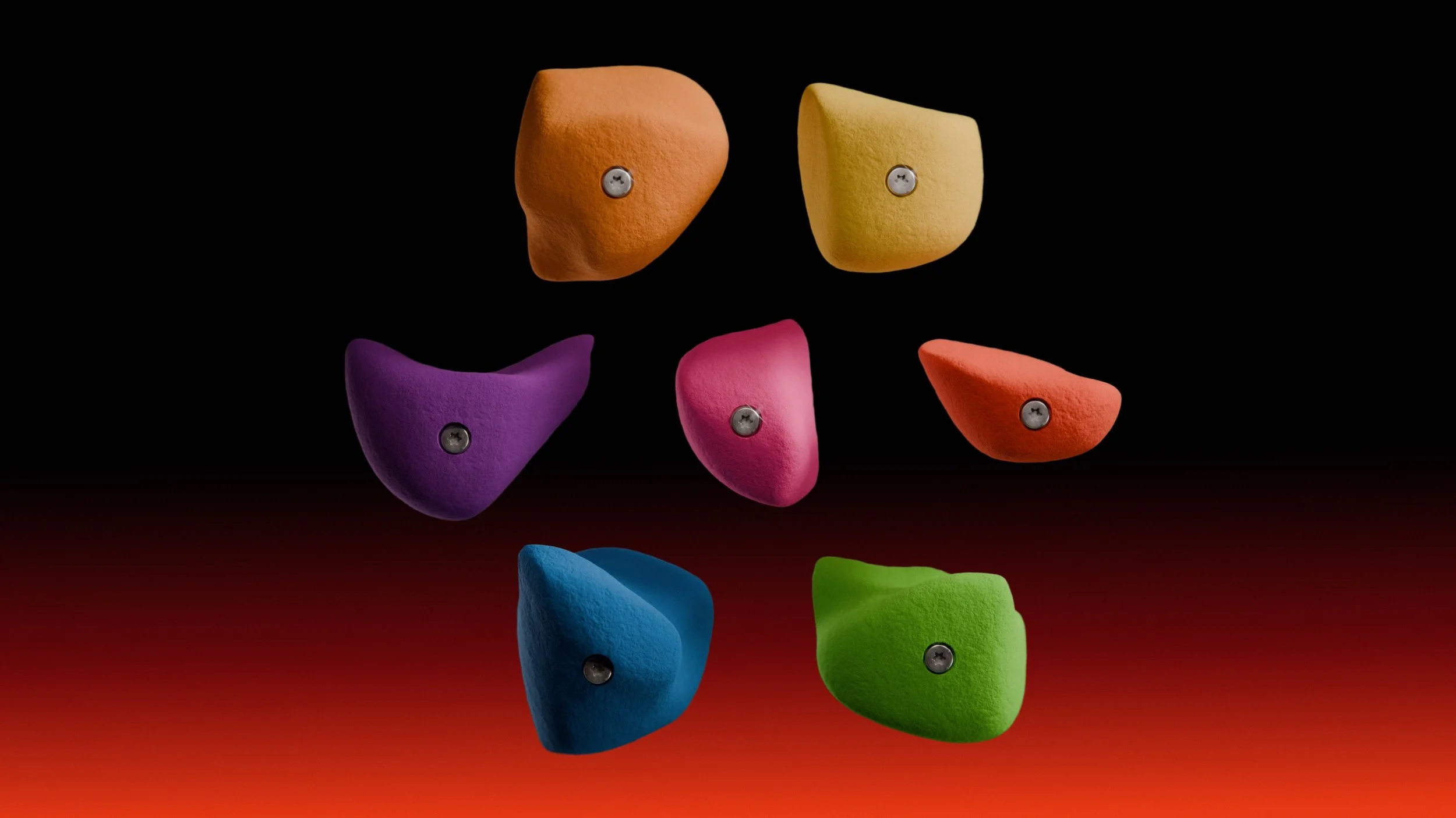 Colorful climbing holds arranged against a black background, with a red gradient at the bottom.