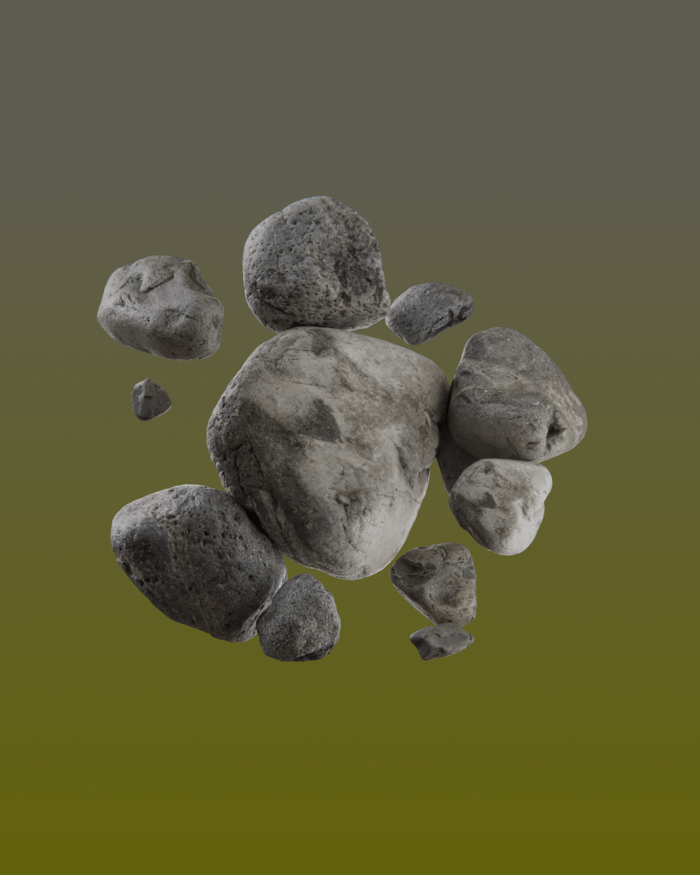 A group of gray rocks floating in midair against a blurry green and gray background.