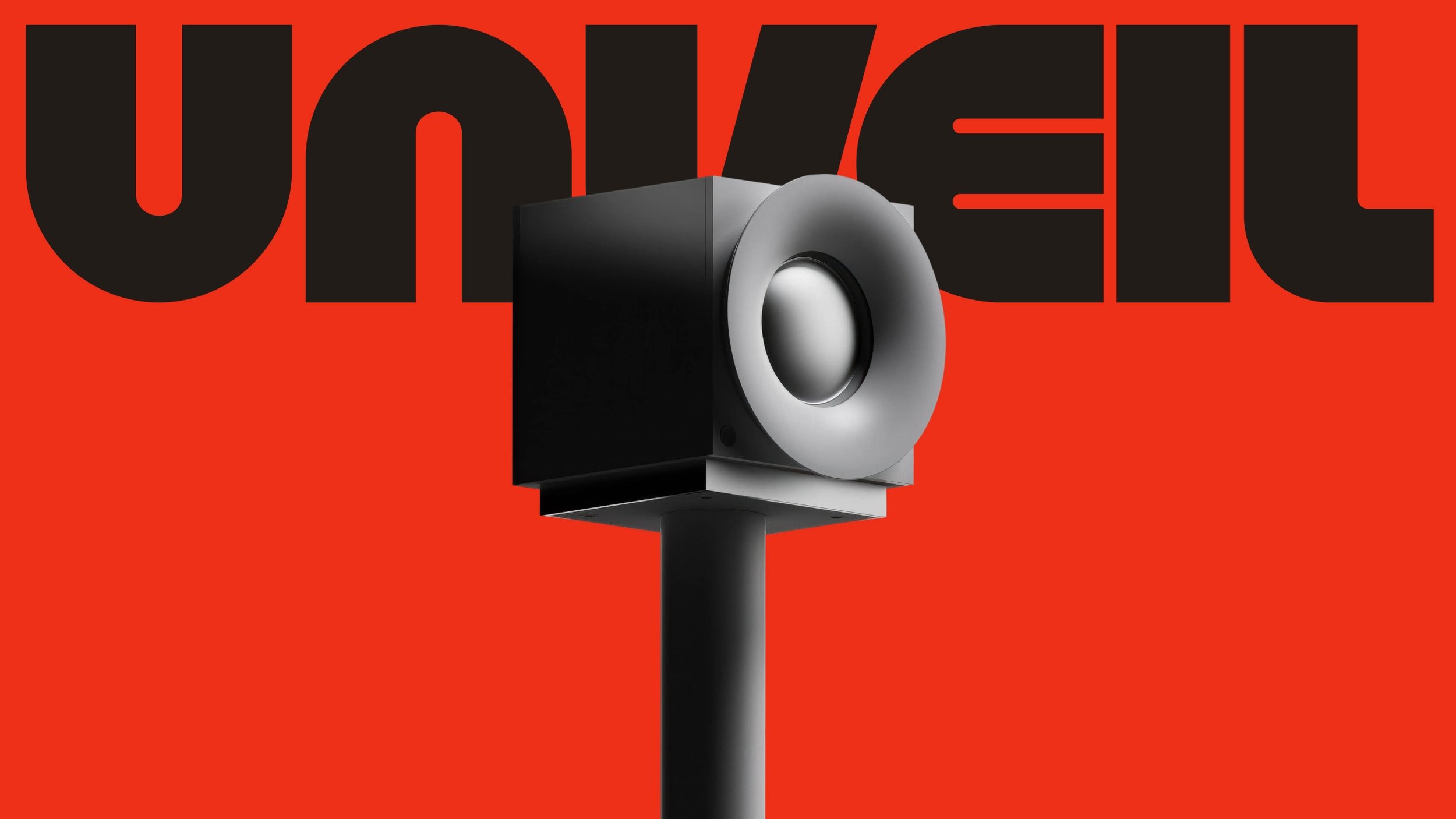 A modern speaker mounted on a pole against a bold red background with large black text that says 'ECHO' in the background.