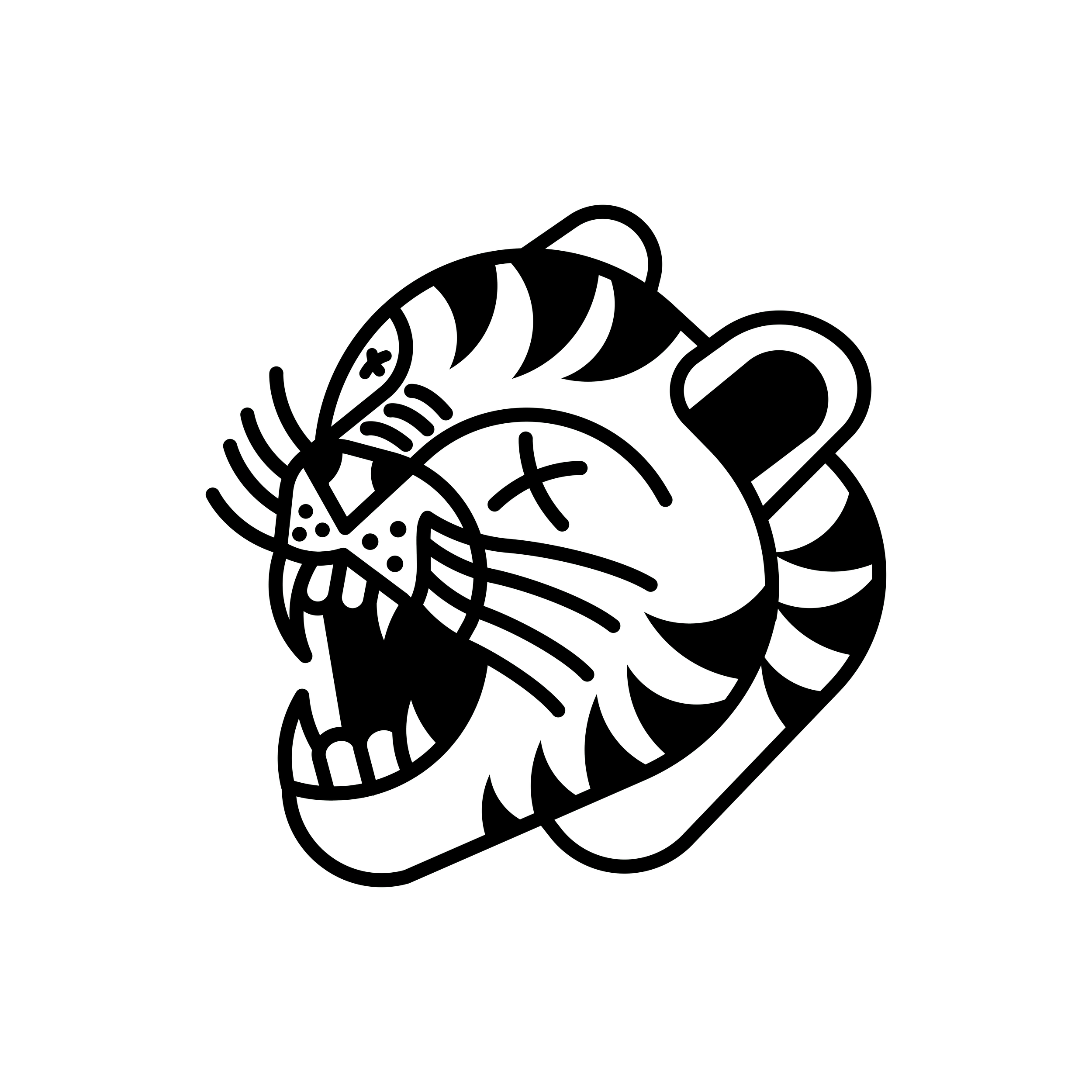 Outline drawing of a taco filled with meat, lettuce, cheese, and other toppings, with a lime wedge and some jalapeño peppers nearby.