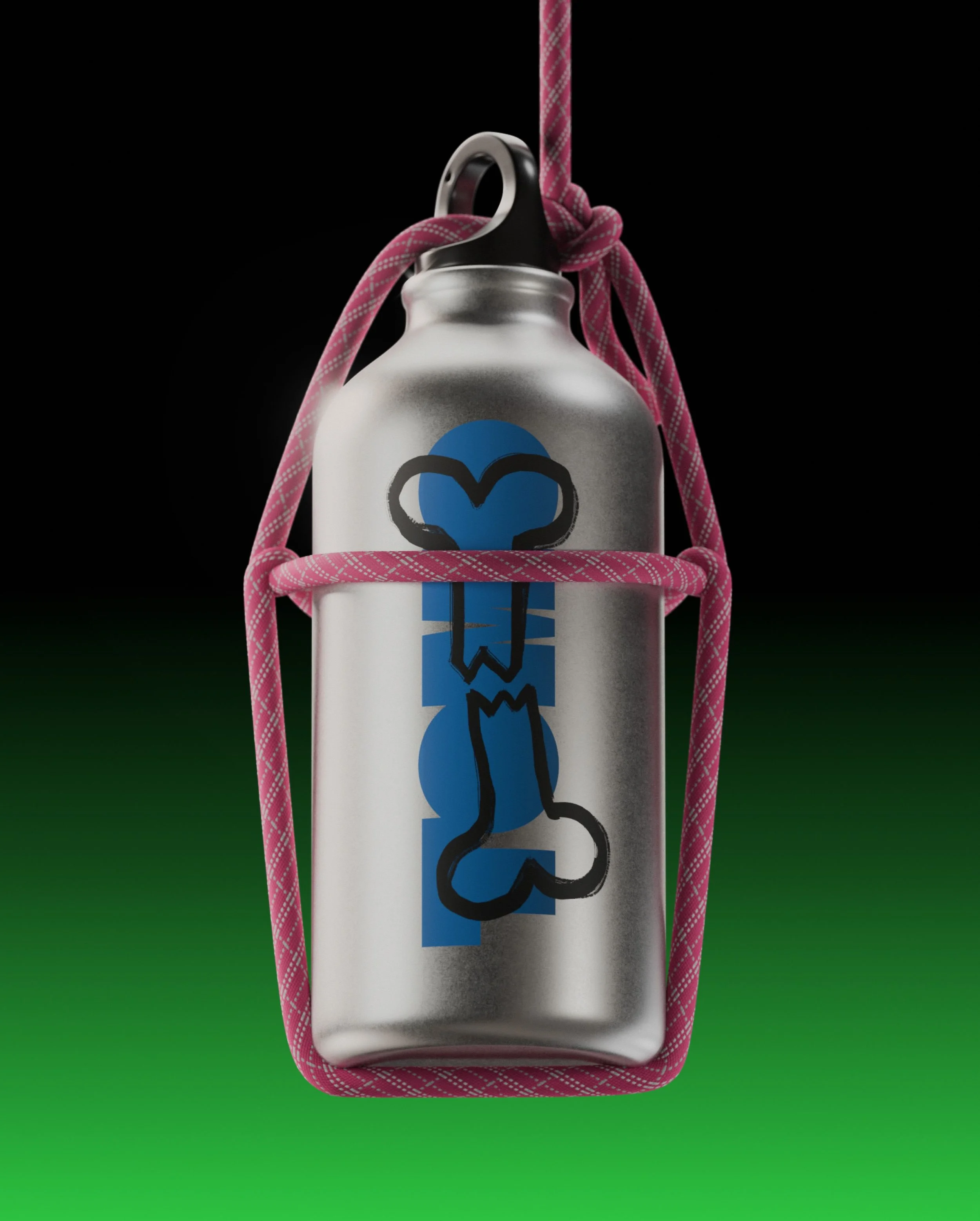 A silver water bottle with a blue logo and black graffiti-style lettering hanging on a pink and white checkered rope against a black background with green gradient at the bottom.