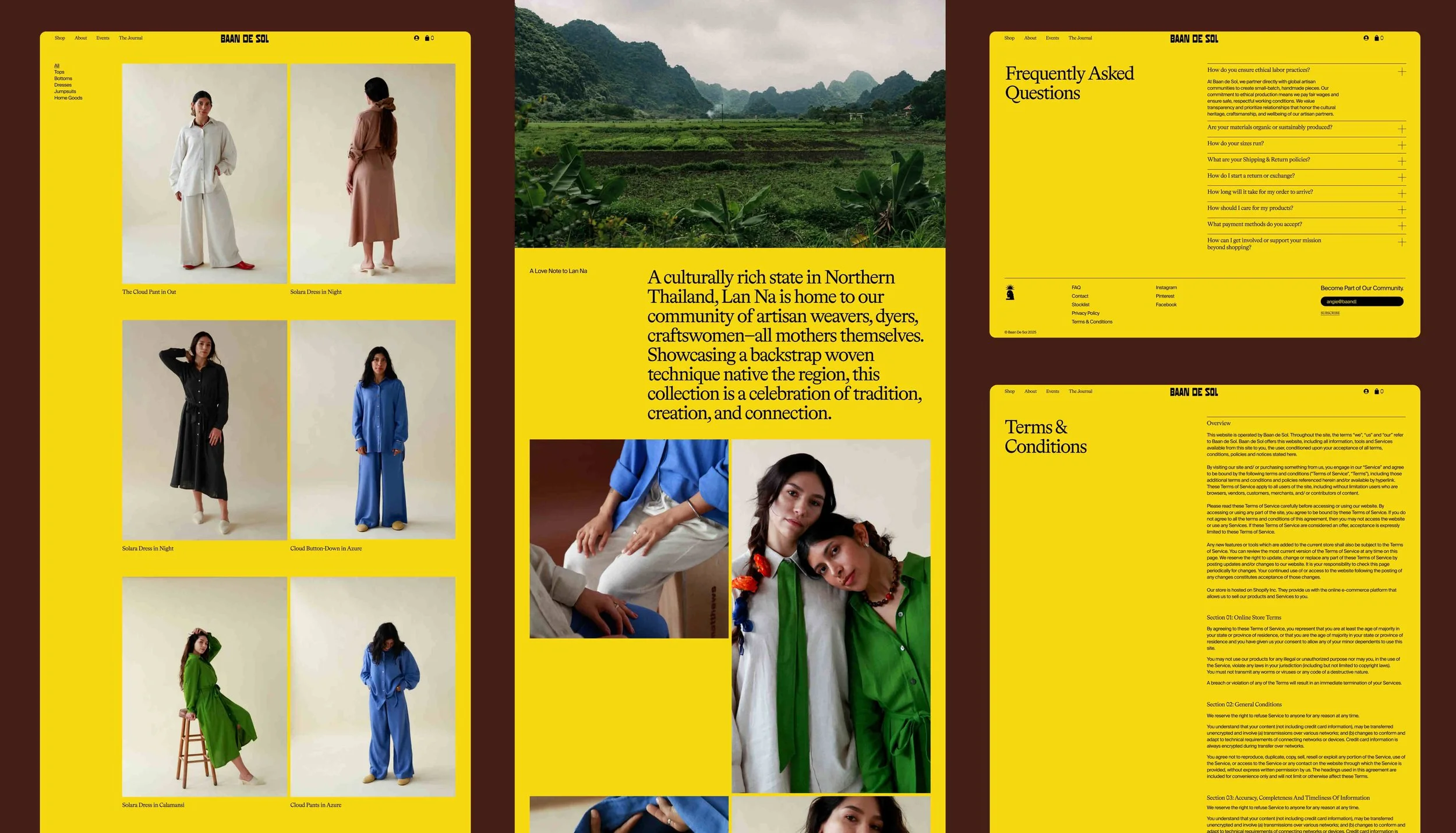 A collage of three webpage screenshots with yellow backgrounds. The left webpage displays fashion models wearing various outfits, each with descriptive captions. The middle webpage features scenic green landscapes with mountains and fields, accompanied by an informational text about Lan Na region in Thailand. The right webpage shows a FAQ section with questions and answers, related to shopping policies and practices.